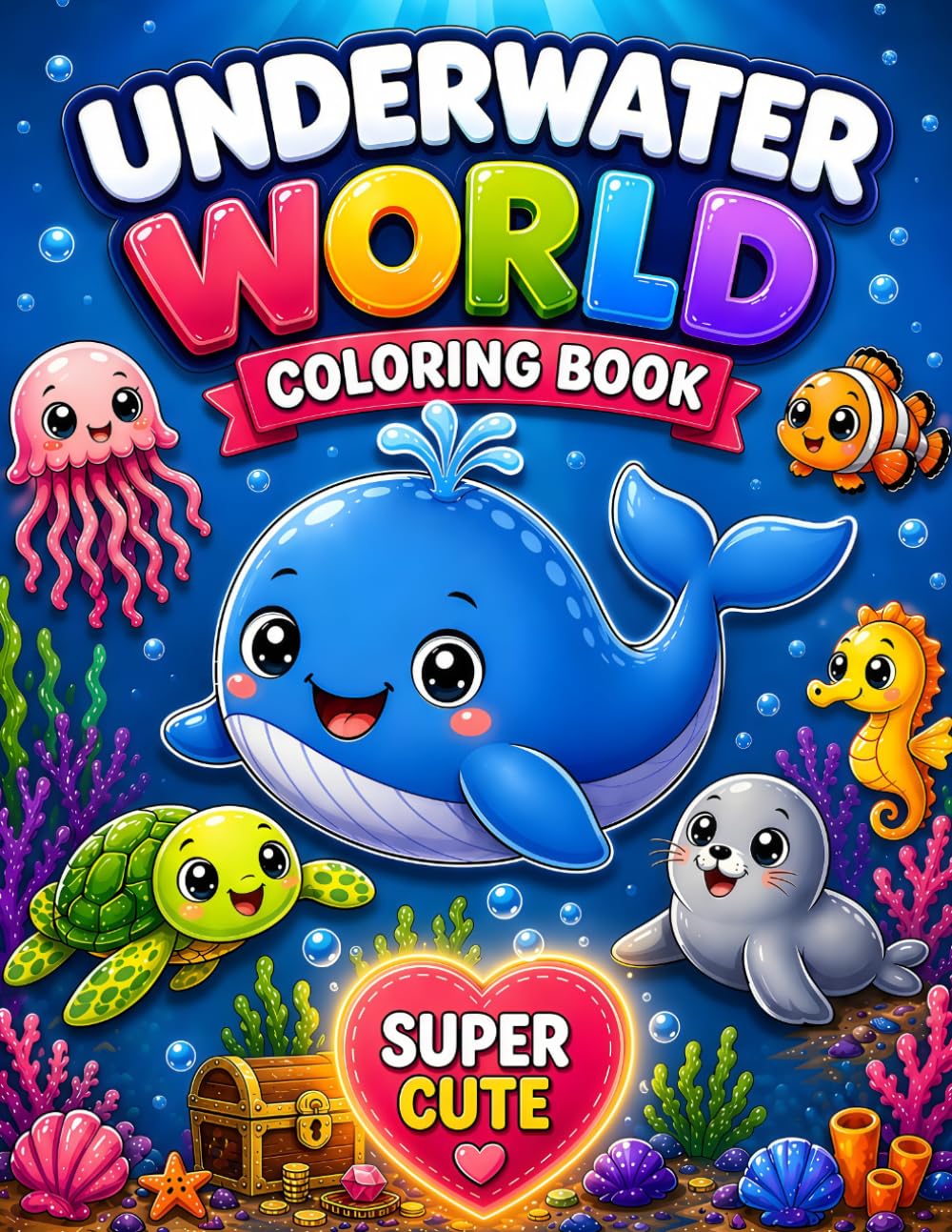 Underwater World Coloring Book for Toddlers Super Cute Ocean Animals and Sea Creatures: Cute and Easy Ocean Animals, Sea Creatures and Underwater Coloring Pages for Kids