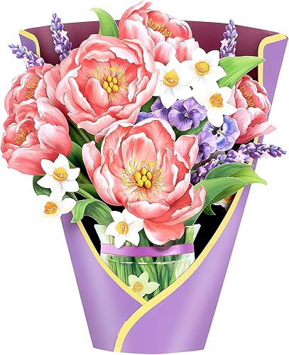 Airpark Tarjeta de ramo de flores emergentes de papel, peonías rosas, tarjetas de regalo de 12 pulgadas, tarjetas emergentes 3D de papel con tarjeta