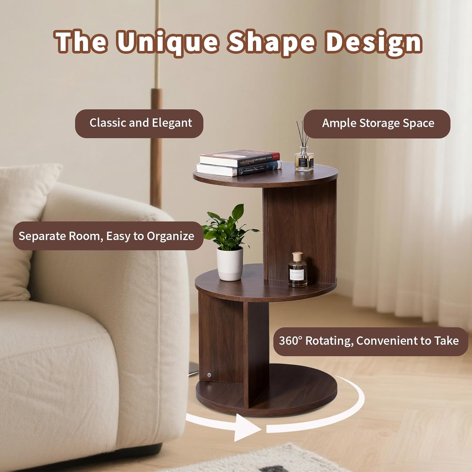 Rotating Living Room Side Table, Office Round Accent Table 2 Tier Rotating Bookshelf, 360 Display End Table Mid Century Modern Nightstands, MDF Wood Walnut Revolving Bookshelf