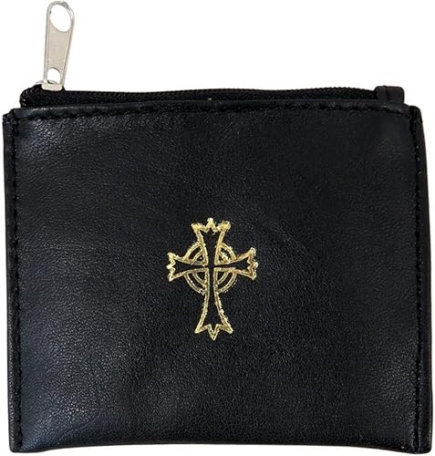 Estuche de rosario forrado de cuero genuino con crucifijo de cruz celta, negro, 3 3/4 pulgadas