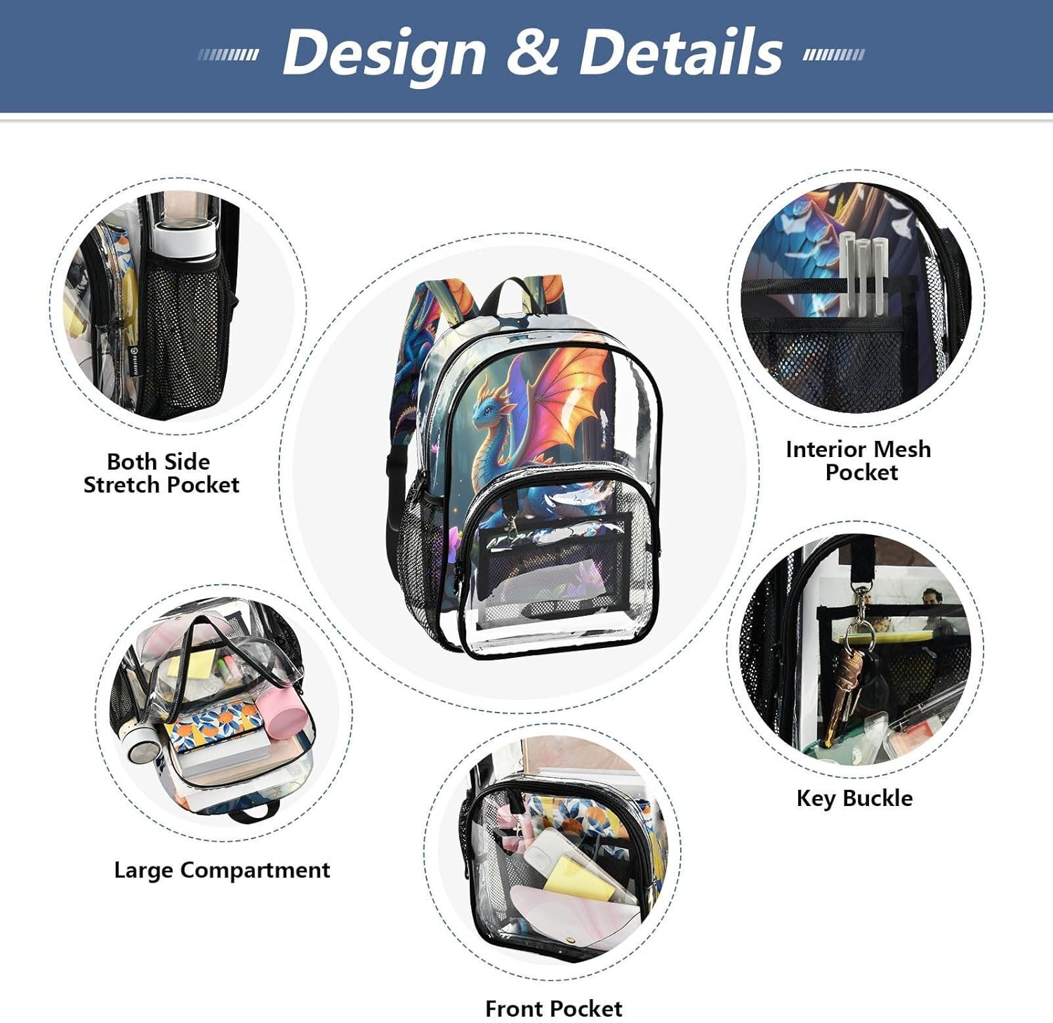Dragon Wing Blossom Tree Clear Backpack Heavy Duty See Through Transparent PVC BookBag for Kids Boy Girl School Work