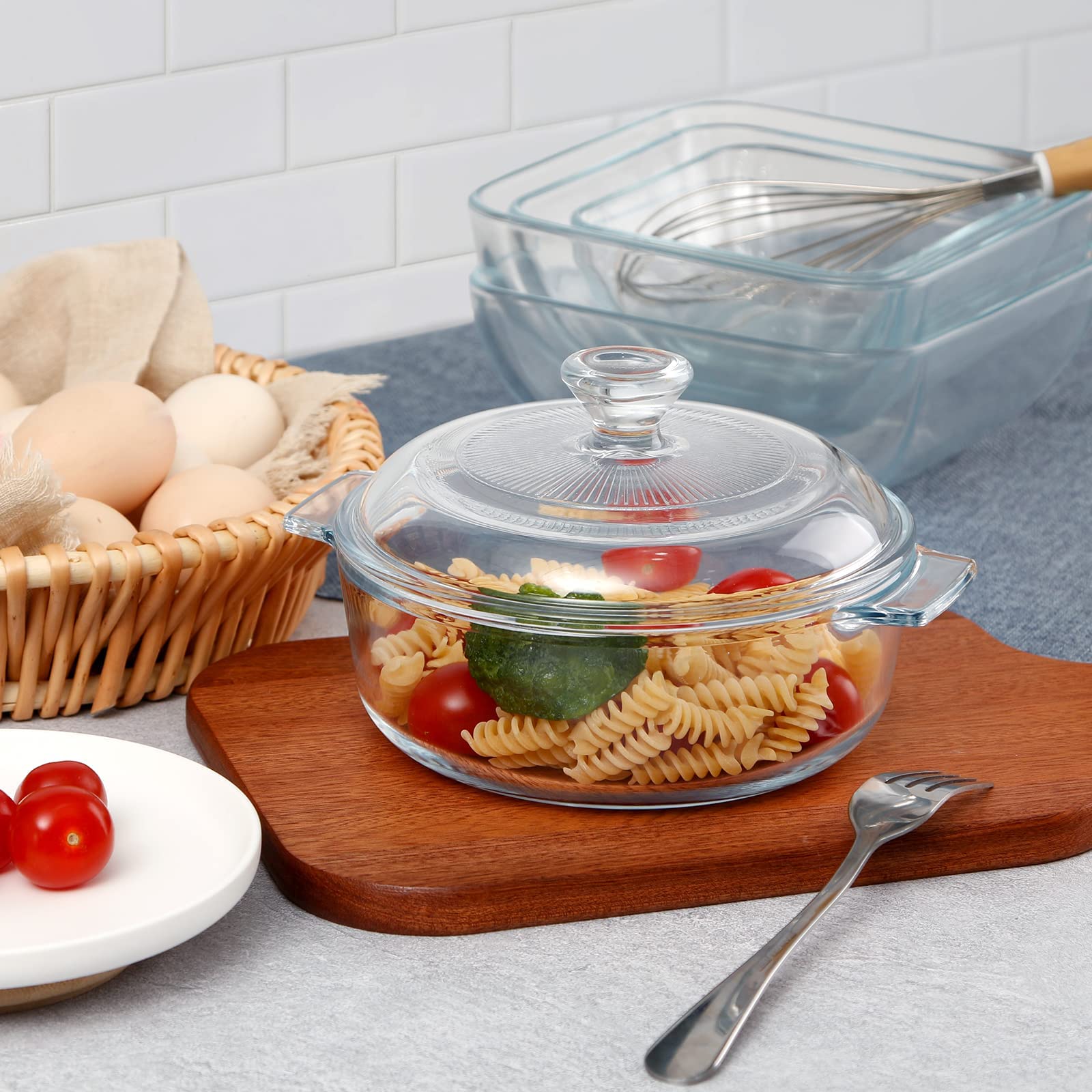 NUTRIUPS Glass Casserole Dish with Lid Oven Safe Covered Round Casserole Dish with Handles, Glass Microwave Bowls With Glass Lid Casserole Cookware (0.8L)