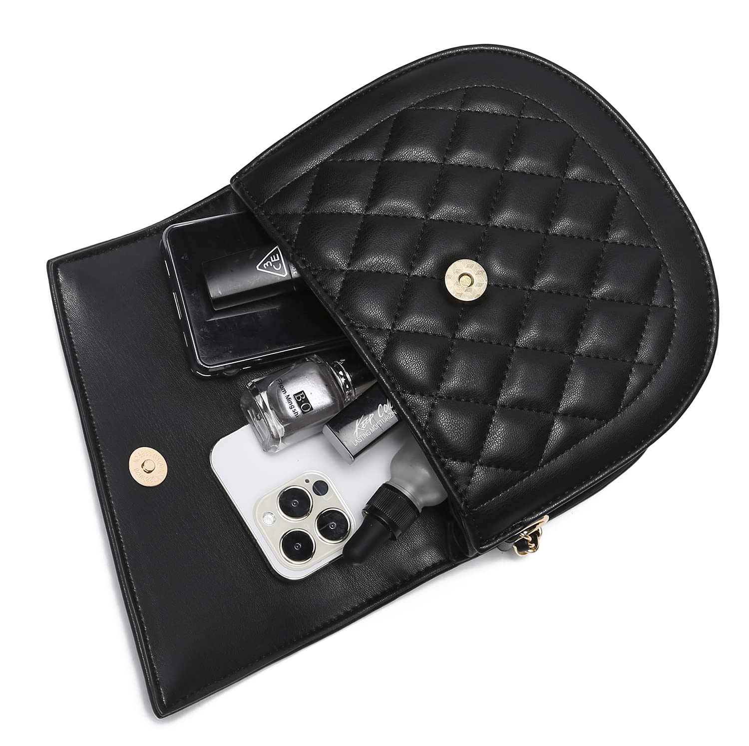 Bolsos cruzados con solapa para mujer sobre el hombro Bolsos de cadena Bolsos de cuero vegano, Negro, Large