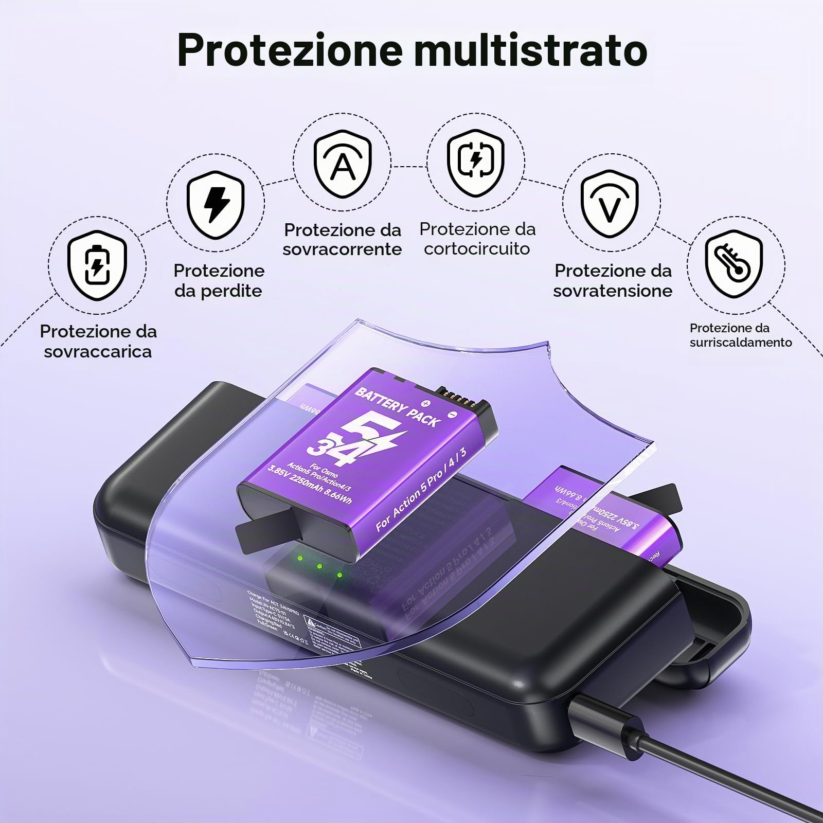 2250mAh Osmo Action 5 Pro Batteria Con Caricabatterie Per DJI Osmo 360/Action 6/Action 5 Pro/Action 4/Action 3, 3-channel Caricabatterie e custodia di ricarica rapida USB con cavo di tipo C