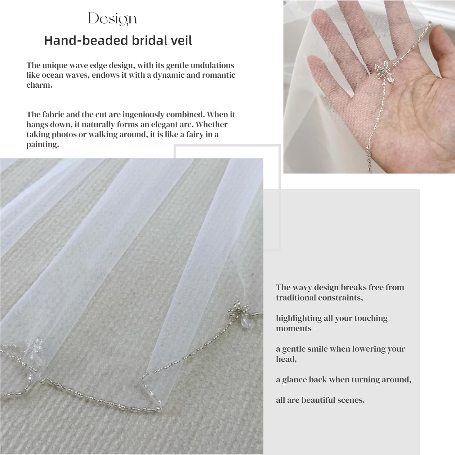 Wedding Veil 1 Tier Elegant Crystals Beaded Edge Bridal Veil Soft Tulle Fingertip Length