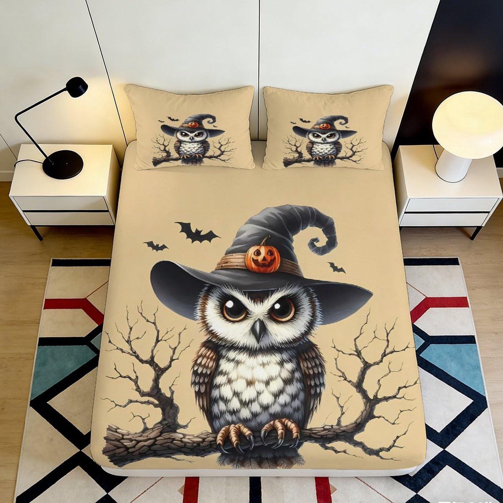 Jqzkxnhpbr Style-2 3D Printed Halloween Owl Fitted Sheet Microfiber Soft Breathable Witch Hat Bed Cover For Bedroom Dorm Mattress Decor 90X200x25cm