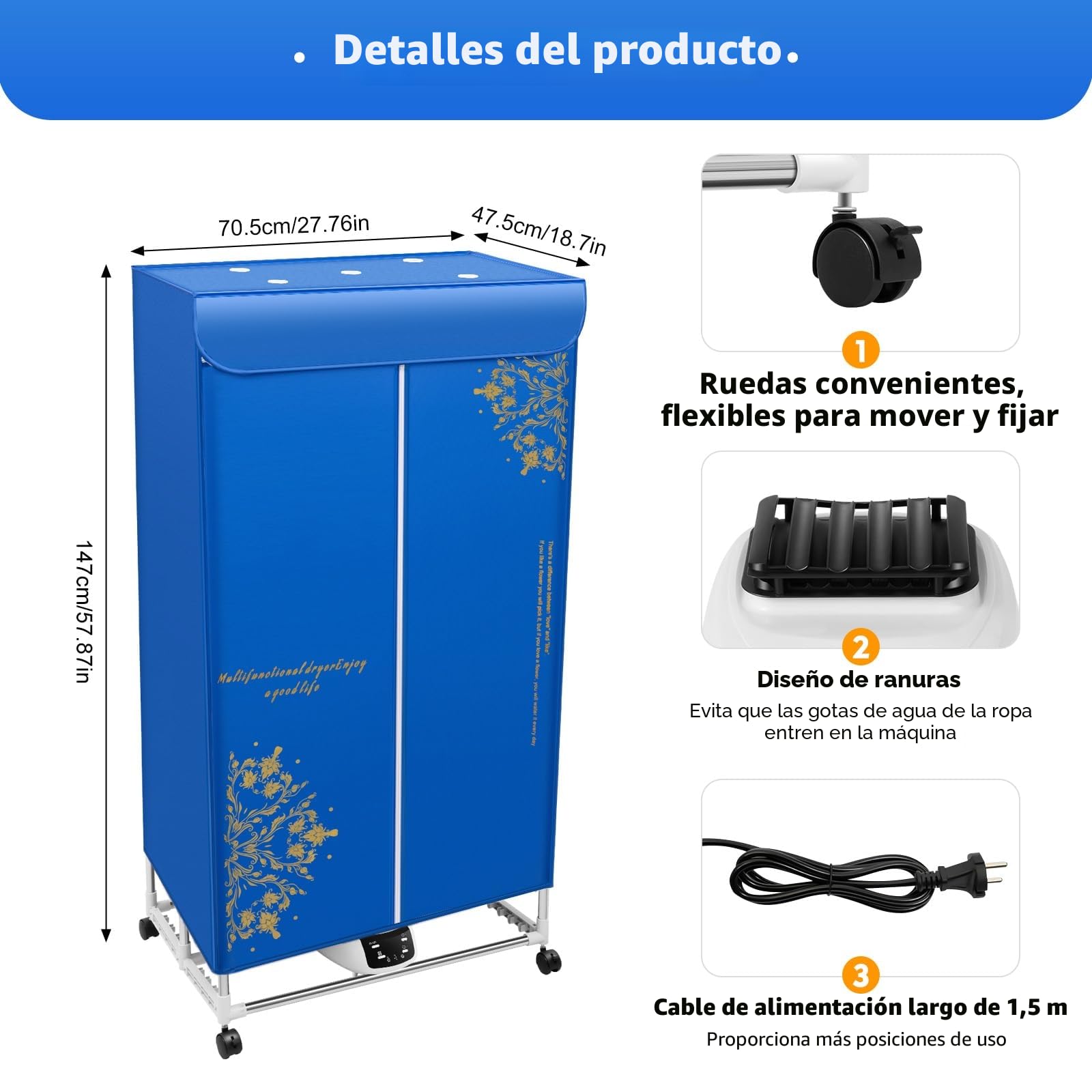 Secadora de ropa eléctrica, secadora plegable de 3 velocidades con mando a distancia, estante de secadora,0-240 minutos función de temporización, gran capacidad, diseño de doble capa, para casas