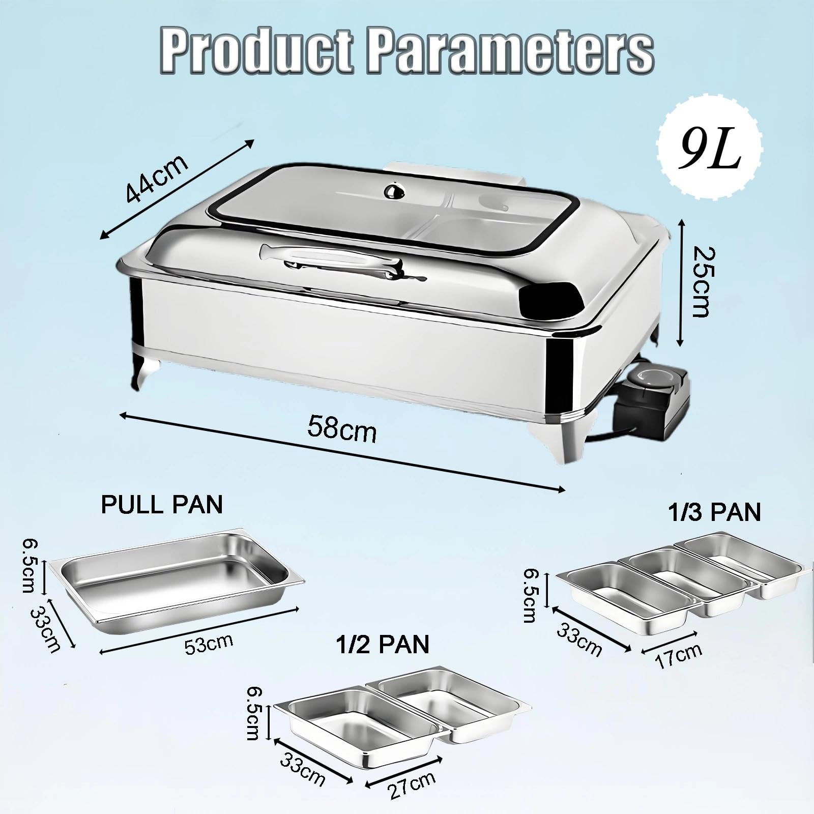 9L Chafing Dish Elettrico, Professionale Scaldavivande Elettrico in Acciaio Inossidabile, Chafing Dish Buffet Elettrico con Finestra Vetrata Transparente per Ristorante(1/2)