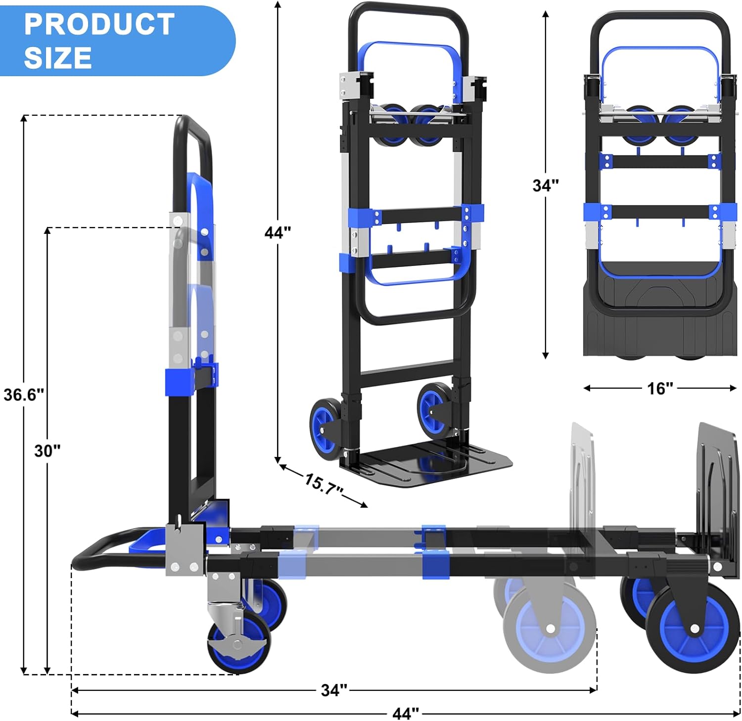 3-in-1 Folding Hand Trucks, 500lbs Convertible Dolly, Dolly Cart with Wheels Heavy Duty, Moving Cart with Retractable Handle, Collapsible Trolley for Moving Office/Home/Warehouse/Boxes/Cartons (Blue)