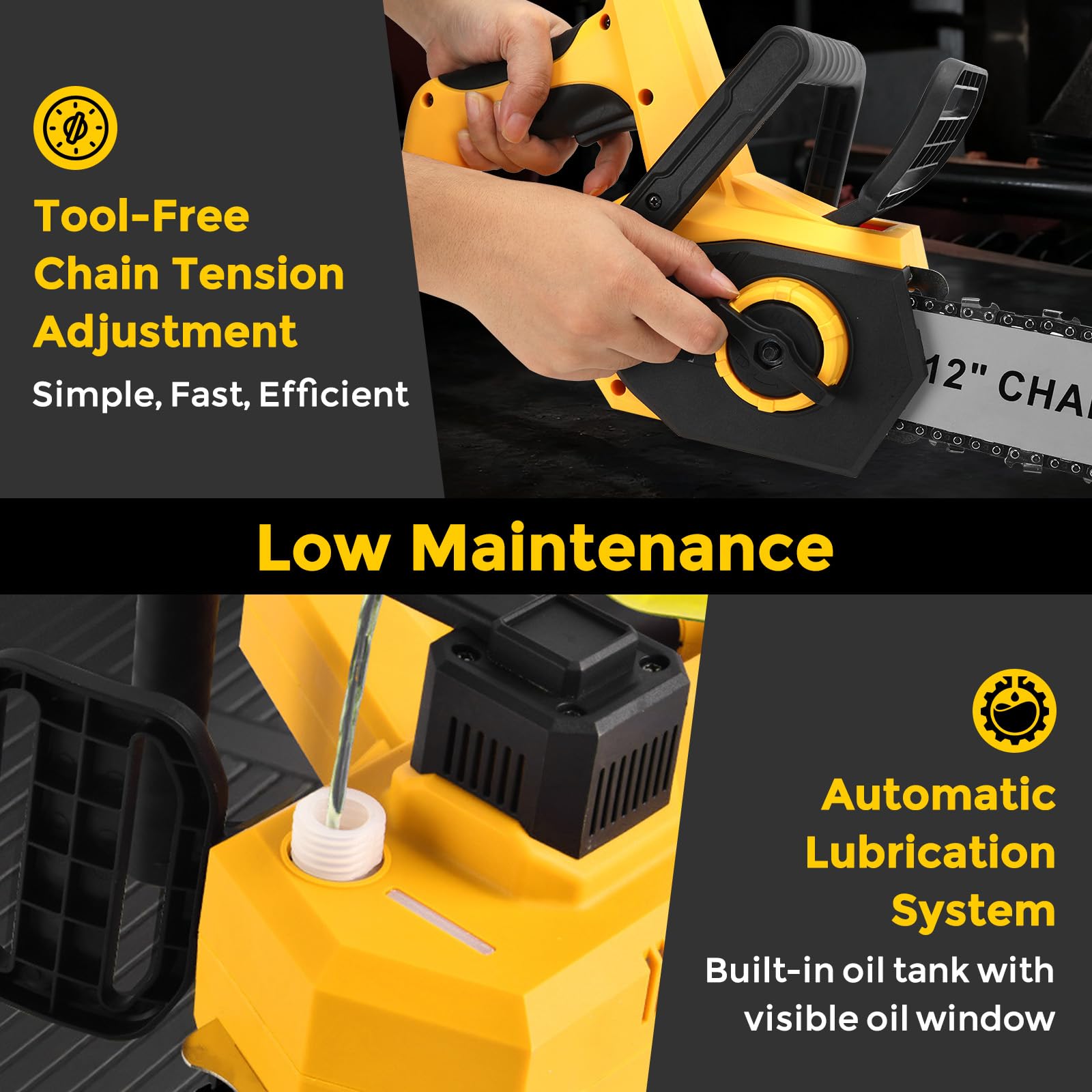 Motosierra inalámbrica de 12 pulgadas compatible con batería Dewalt de 20 V, sierra de cadena de mano sin escobillas de 30 cm, sierras eléctricas con 2 cadenas, engrasador automático y tensión de