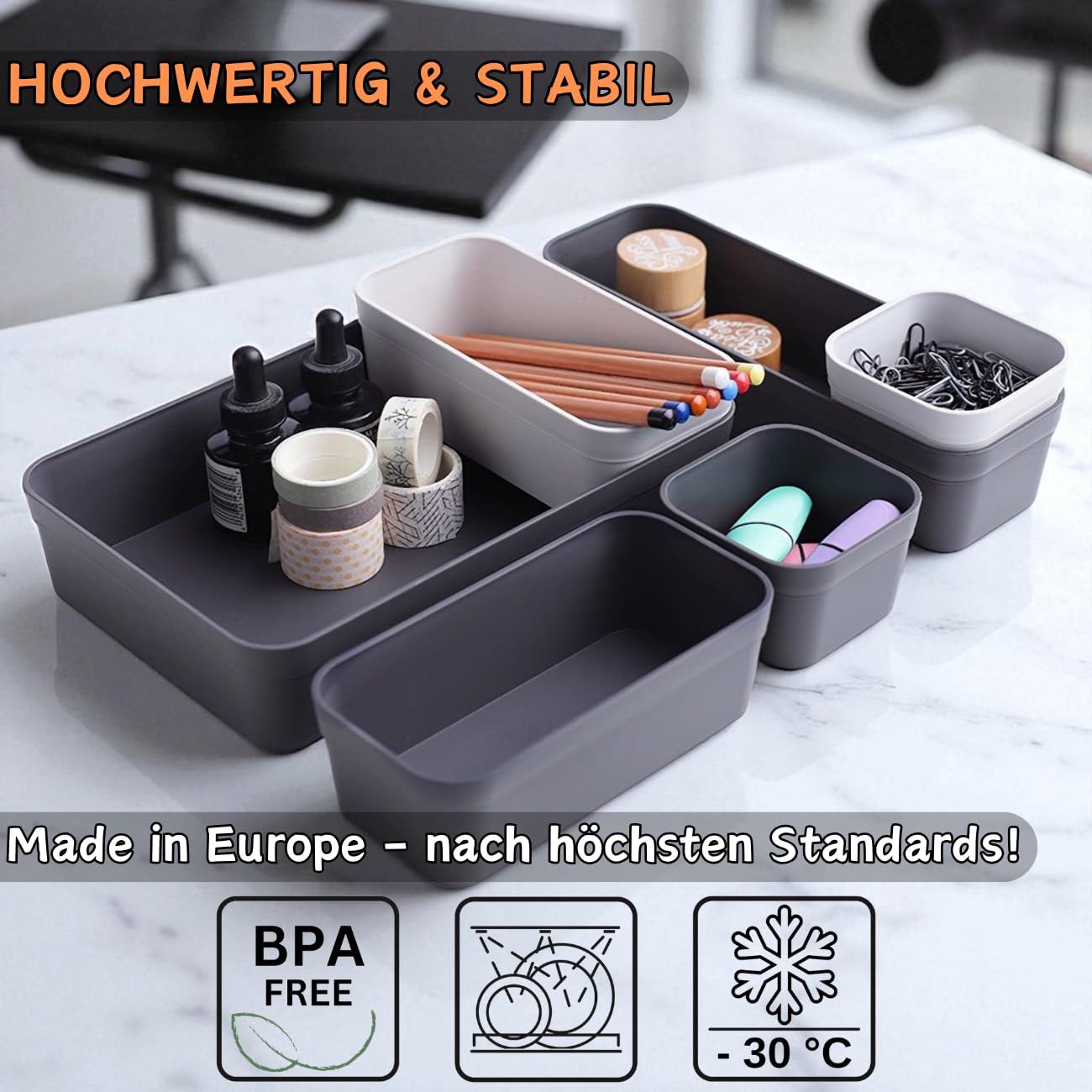 jinphon Set di 24 organizer per cassetti da cucina, vassoi portaoggetti per cassetti separatori per cassetti in plastica molto profonda, forma universale per tenere in ordine il cassetto per ufficio e