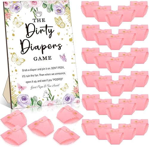 BBTO 51 piezas de pañales sucios para baby shower, juego de mariposa para baby shower, divertido letrero de madera, 50 piezas, mini pañal de fieltro
