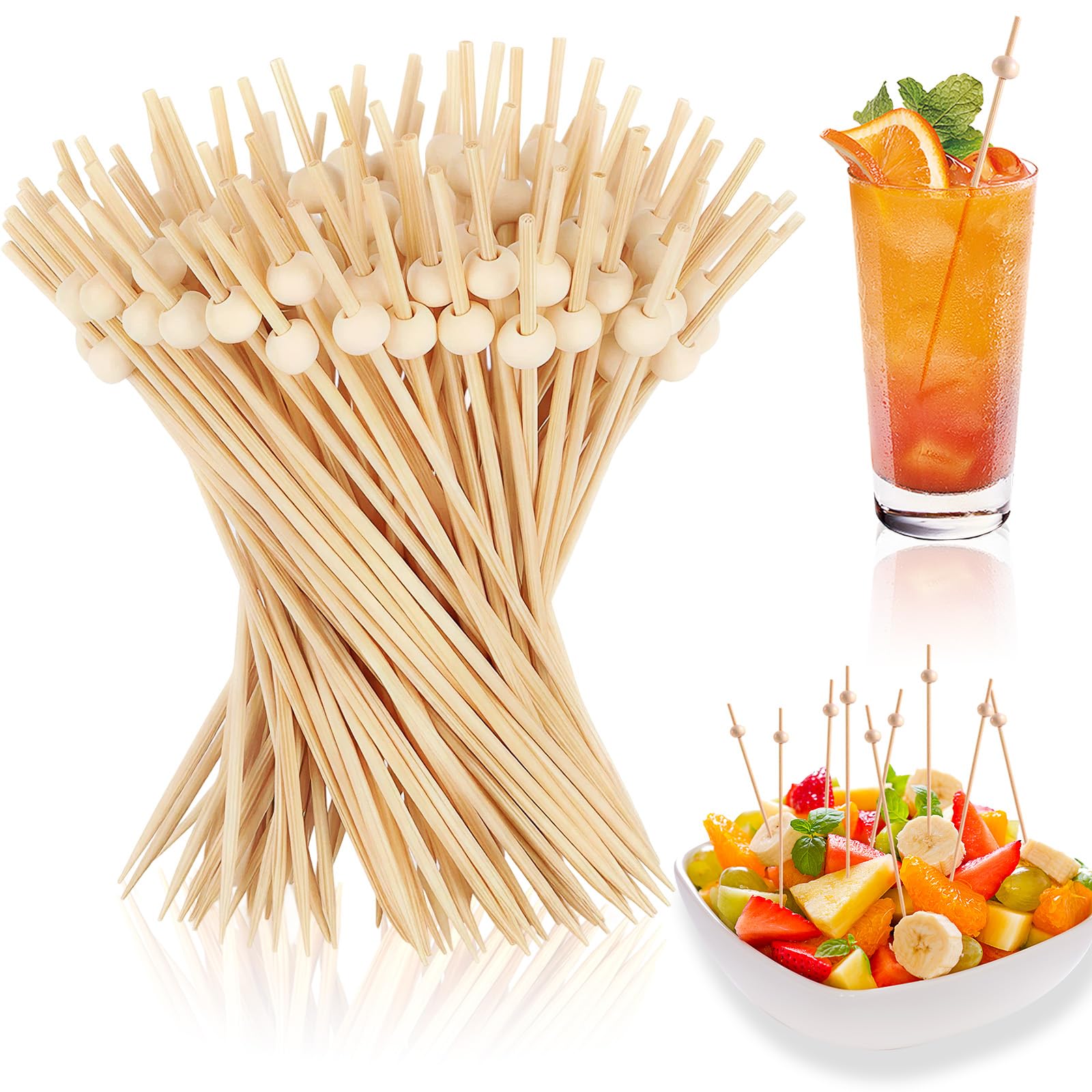 Cocktail Sticks,100PCS Bamboo Cocktail Picks,12CM Toothpicks Wooden Skewers,Decorative Fruit Skewers,Party Decoration Food Picks for Appetizers,Drinks,Fruits,Snacks,Burgers(Wooden Beads)