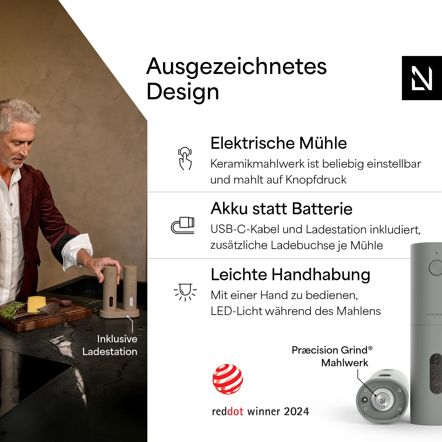 LARS NYSØM Salz und Pfeffermühlen Elektrisch Set I Keramikmahlwerk fein bis grob I USB Wiederaufladbar mit Ladestation I Automatische Salz und Pfefferstreuer I Gewürzmühlen Set (Ash Gray)