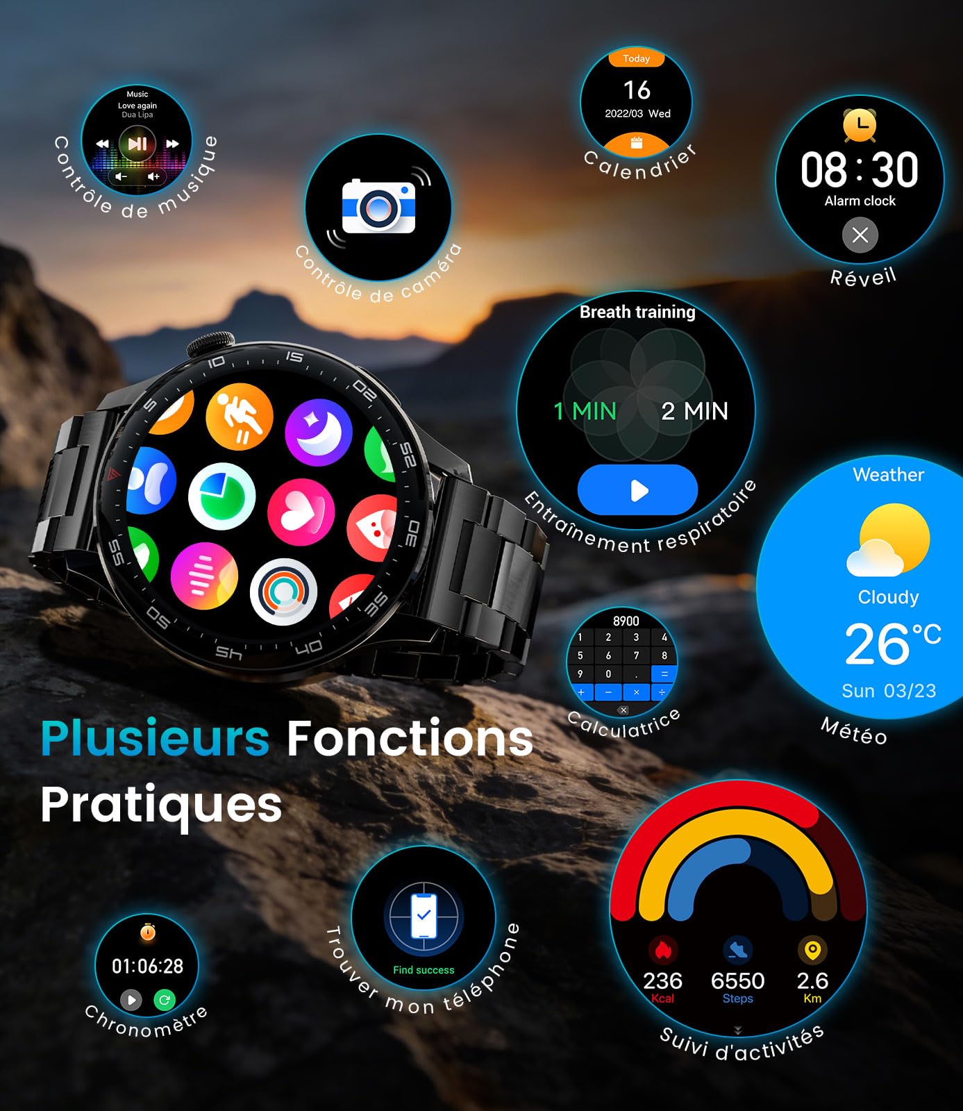 Montre Connectée Homme avec Appel Bluetooth 800mAh Batterie, 1.73" HD Écran Smartwatch avec 24/7 Fréquence Cardiaque, Sommeil, SpO2,110+ Modes Sportifs,IP68 Étanche Android iOS