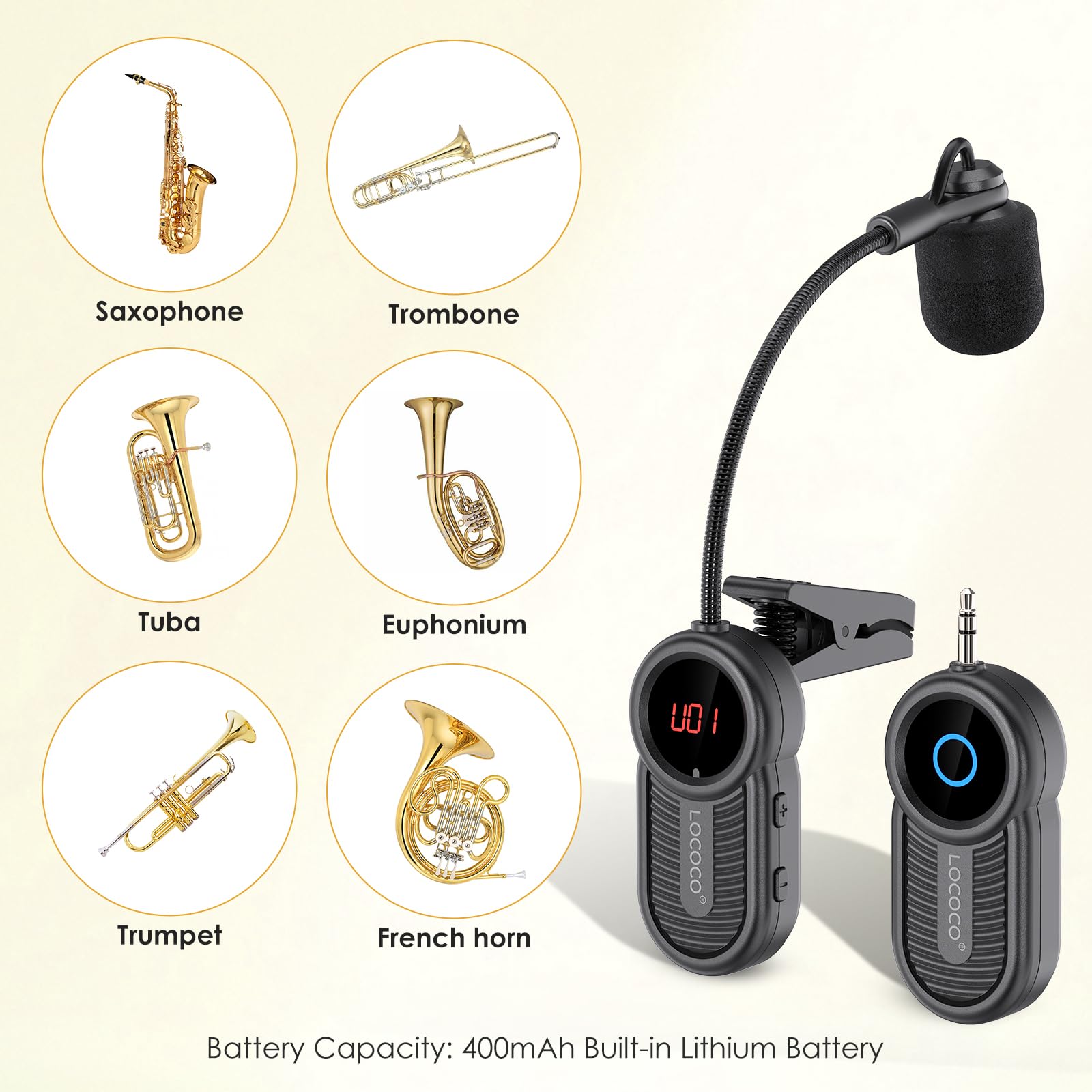 Microphone sans fil UHF pour saxophone, récepteur et émetteur sans fil, portée de 48,8 m, Plug and Play, idéal pour trompettes, clarinette, violoncelle