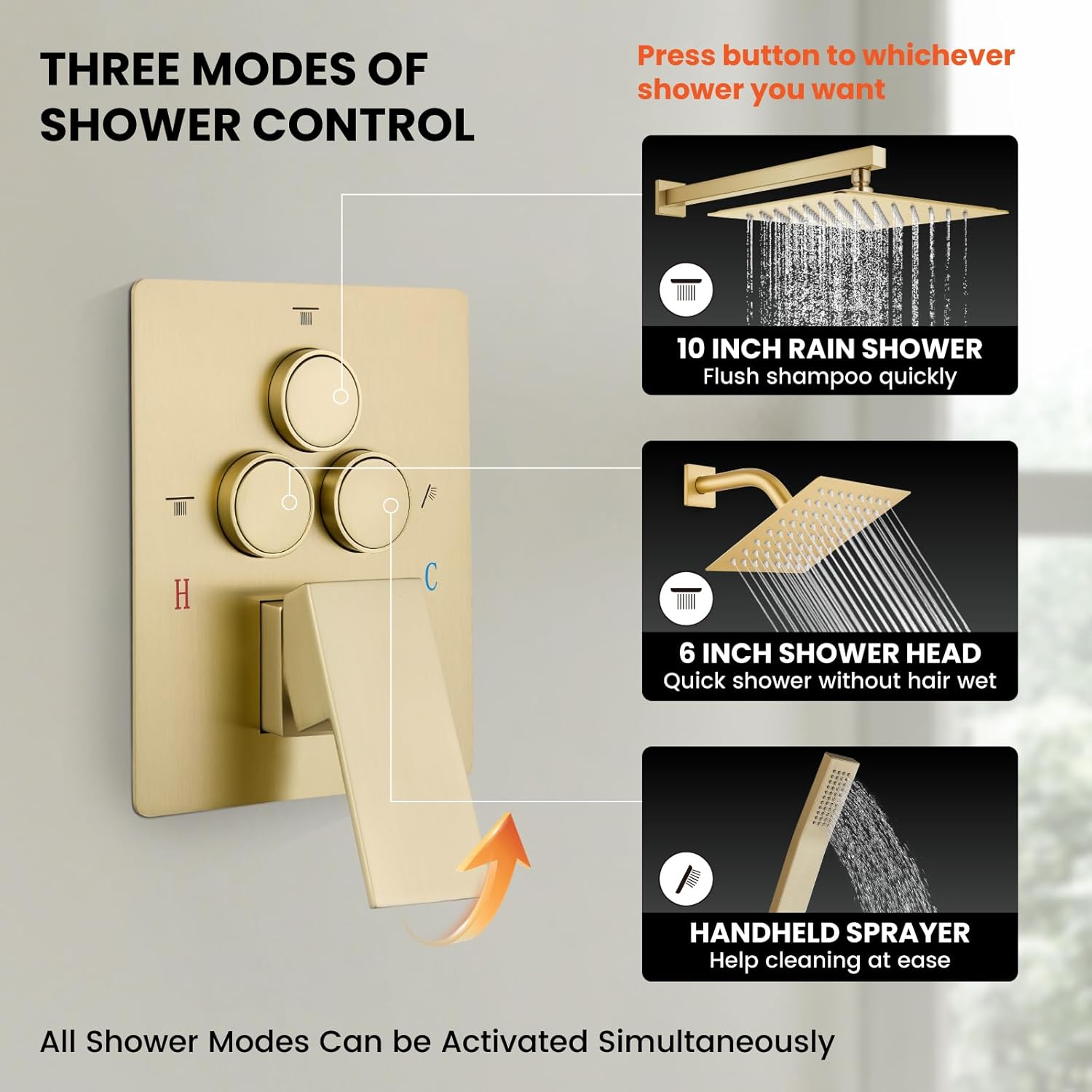 gotonovo Bathroom Shower Faucet Set Push Button Diverter Rainfall Shower System Shower head and Handheld Set Shower Trim Kit Wall Mount 12 Inch Showerhead with 6 Inch Showerhead Brushed Gold