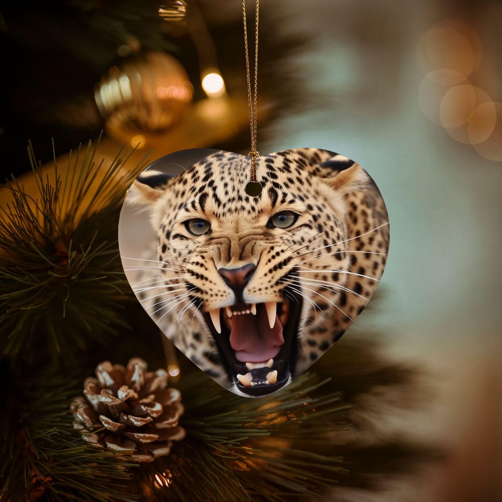 Christmas Tree Ornaments Ceramics Christmas Decorations Leopard Roars Cool Animal Ornaments with Gold Ribbon Porcelain Xmas Tree Crafts Heart Shape Hanging Pendant for Christmas Tree Party Decor
