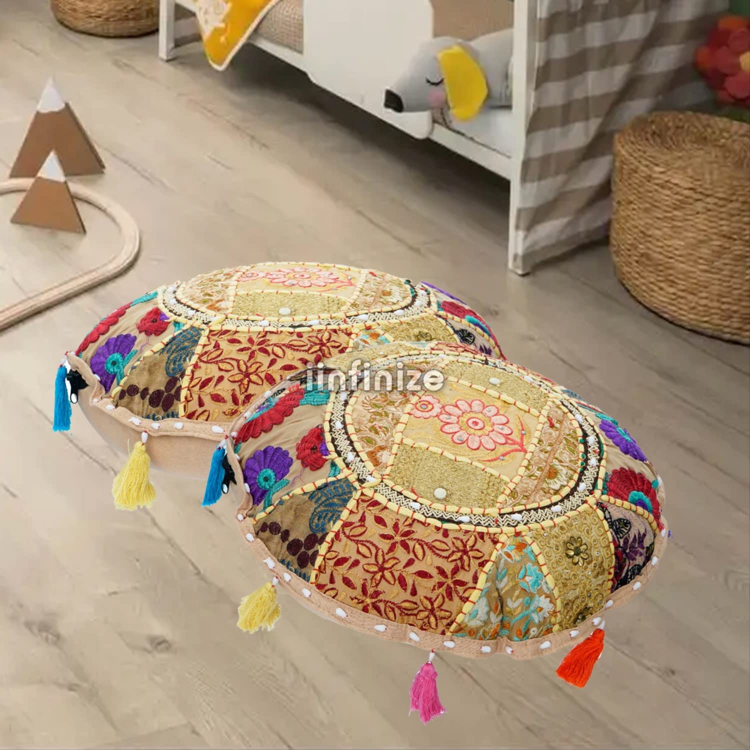 iinfinize Rajasthani Design Cushion Cover 32 inch Patchwork Khambadiya Floor Pillow Case Cotton 2 Pcs Embroidry Cushions Case-image-49