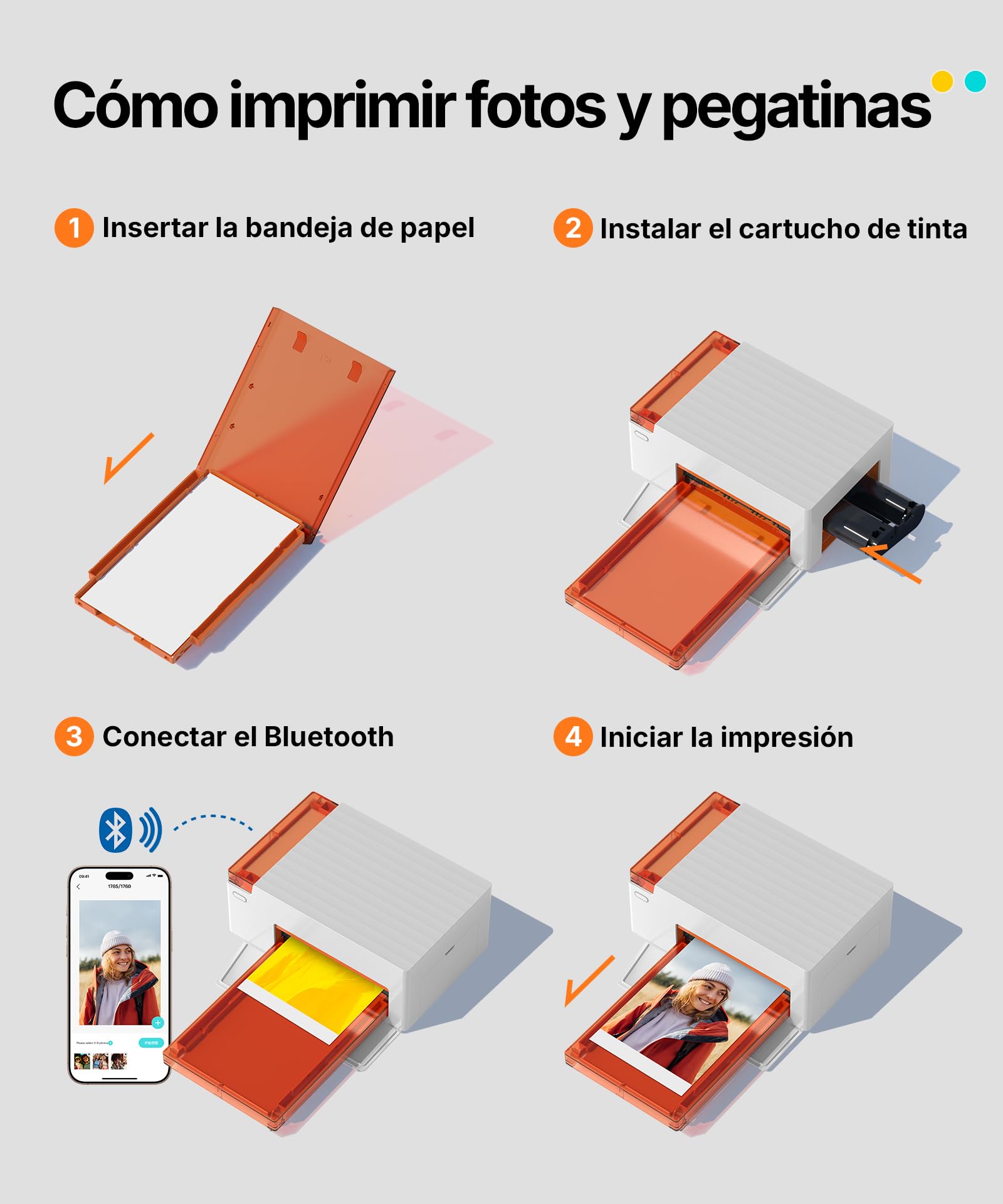 Liene Amber M110 Impresora de Fotos para Móvil Portátil con 60 Hojas 10x15 cm + 20 Adesivos 7.7 cm + 2 Cintas – Tecnología de Sublimación Térmica, Bluetooth, para iPhone y Android