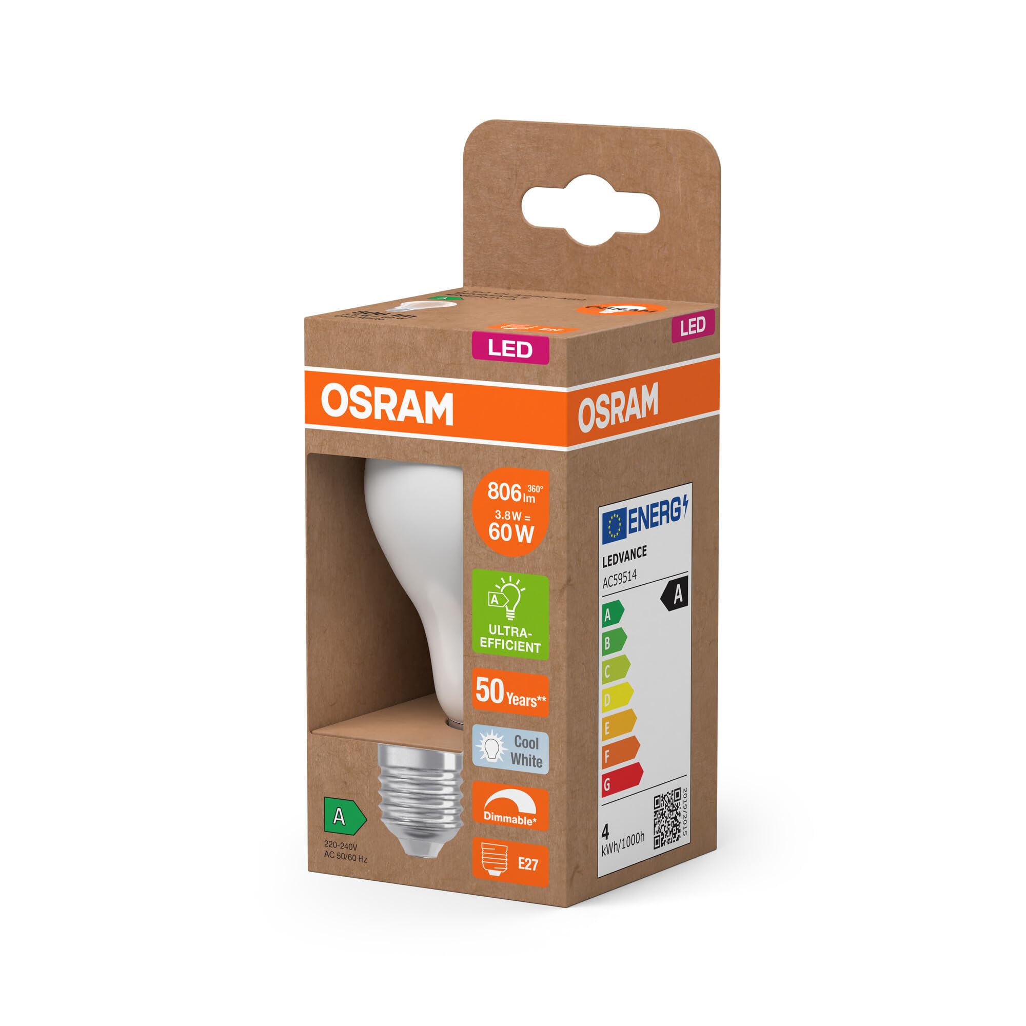 Osram Energy Class LED-Lampe in klassischer Kolbenform, 3.8 W / 806 lm, EEK A, kaltweißes Licht (4000 K), CRI 80, aus gefrostetem bleifreiem Glas, E27 Sockel, IP20, 60mm DM,6-Pack