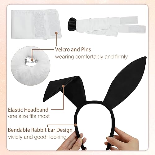 Miniatura 7 de Women Bunny Costume Accessories Set, White and Black Bunny Ears Headband Collar Bow Tie Costume Cuffs Rabbit Tail for Adult Halloween Party