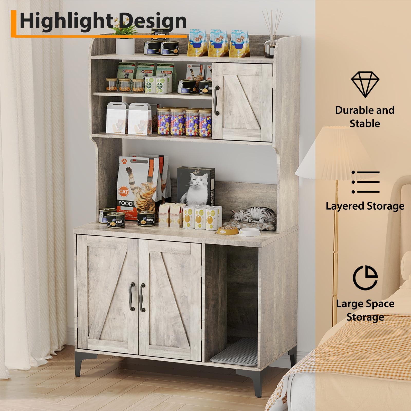 GarveeLife Katzentoiletten-Schrank mit 3 Türen, Mehrzweck-Storage-Schrank für Katzenzubehör, aus Spanplatte/MDF, grau/weiß – platzsparend & stabil