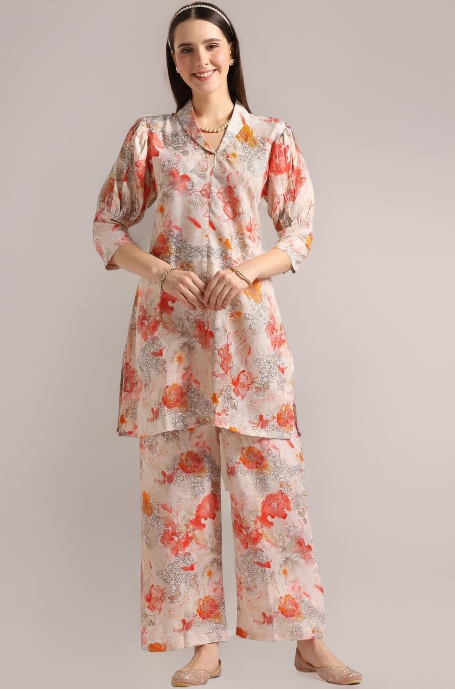 Leriya Fashion Women Cotton Co Ord Set Stylish|Anarkali Kurta Set Printed Kurta & Straight Pant|Festive Indian Traditional Outfit For Functions & Puja|Trendy Travel & Streetwear Look|3/4 Half Sleeve