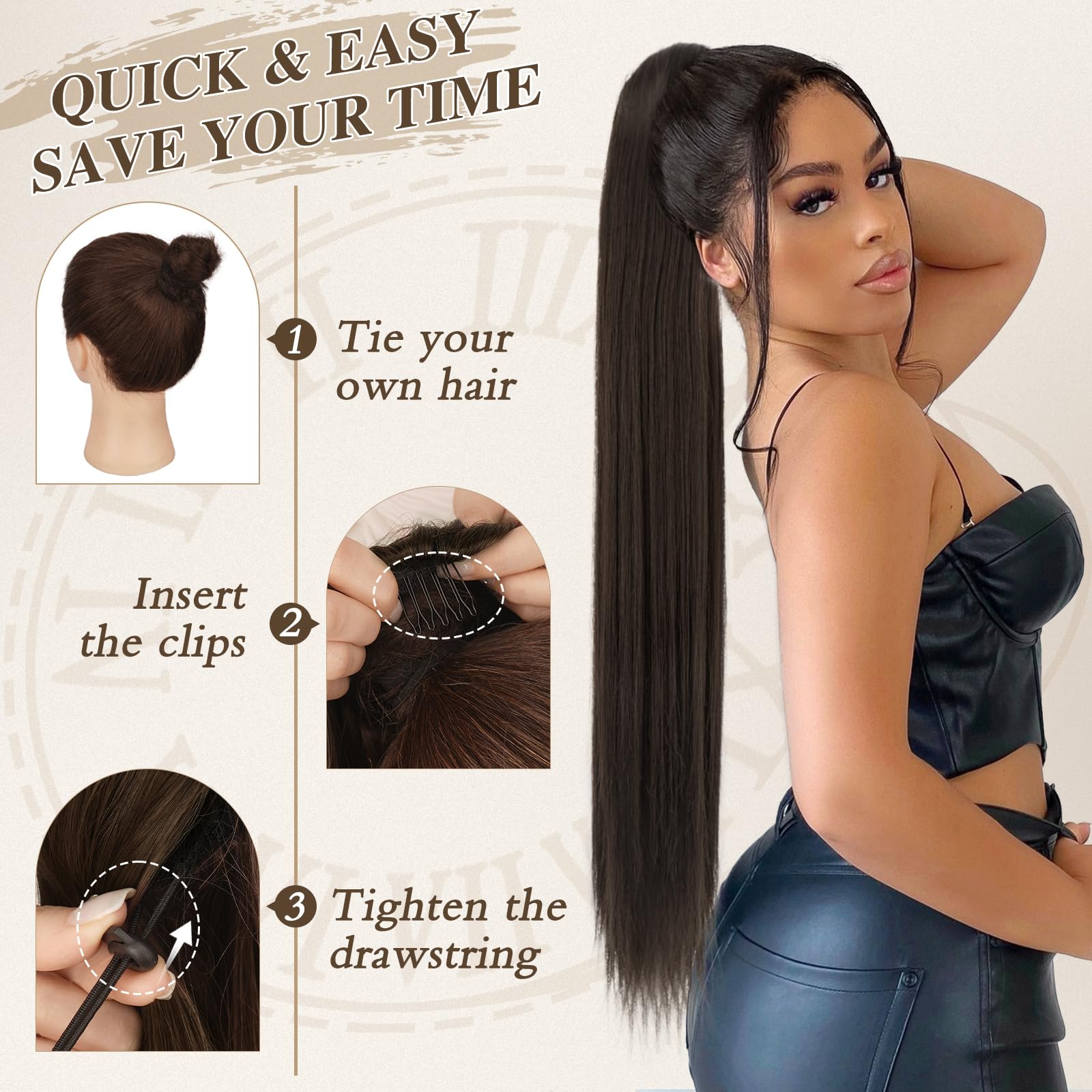 BARSDAR Pferdeschwanz Haarteil, 76cm Braun Pferdeschwanz Haarverlängerung mit Kordelzug Synthetik Clip in Ponytail Extension Haarteil Zopf Haarextension für Damen - Kastanie & Schokolade Braun