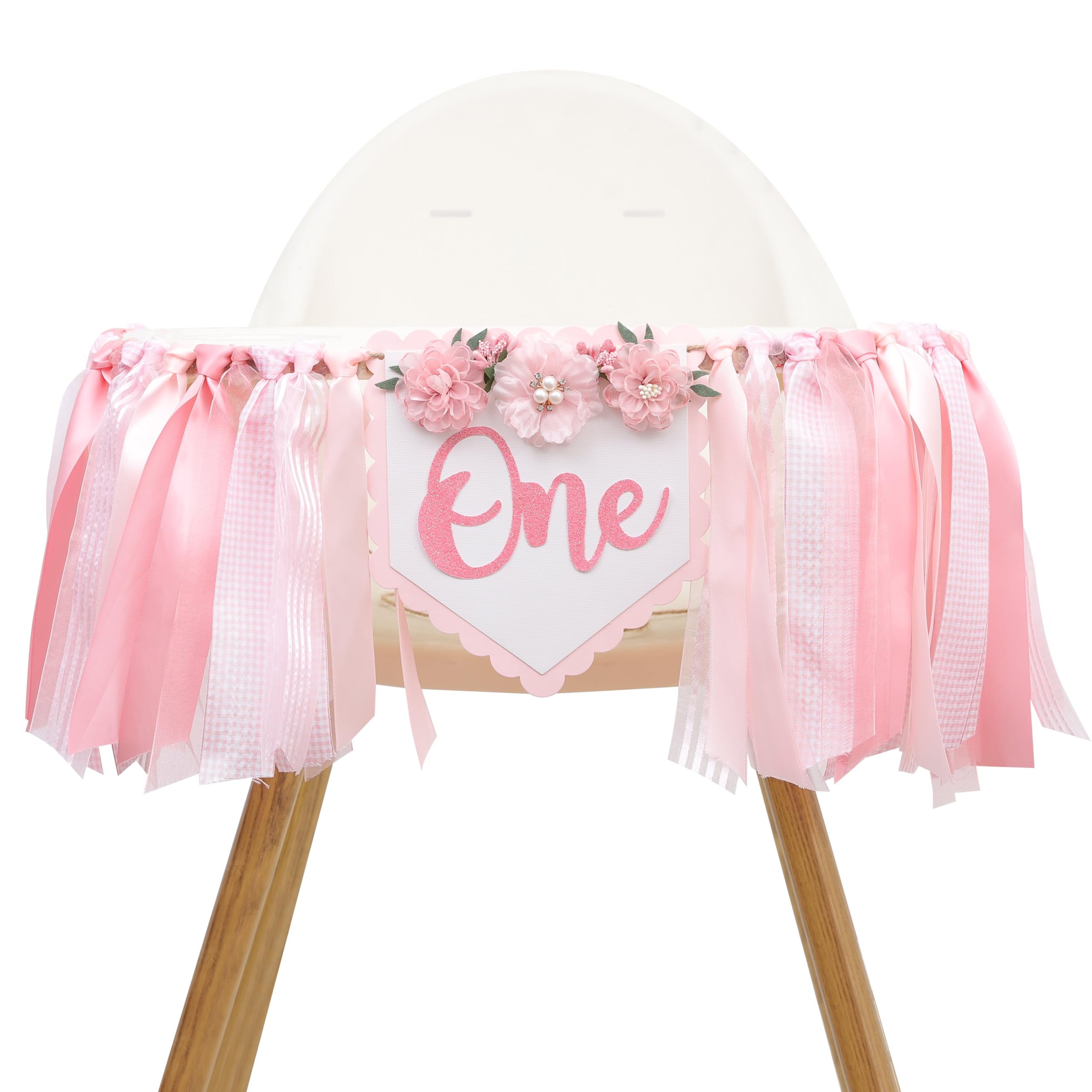 Floral 1st Birthday High Chair Banner - Pink Flowers First Birthday Decoration,Pink Dreamy One Party Celebration, Photo Shooting Props for Baby Girls