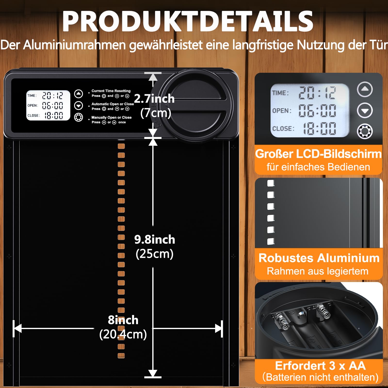 Hühnerklappe Automatisch – Groß mit Zeit-/Handmodus Einklemmschutz, automatische Hühnerklappe aus Aluminiumlegierung, elektrische Hühnertür | Kältetauglich | LCD-Bildschirm | Batteriewarnung