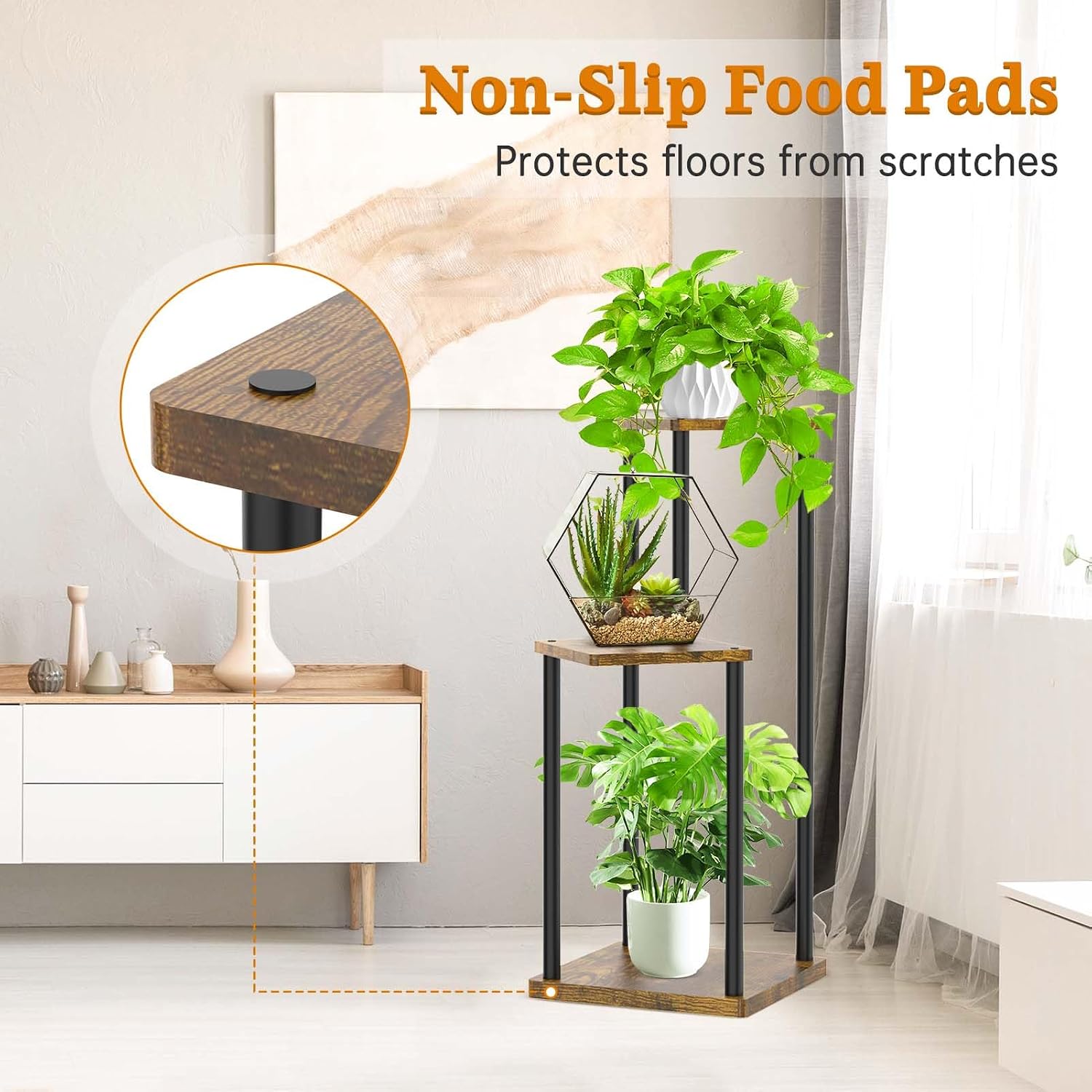 Oppro 3 Tier Corner Plant Stand Indoor, Metal Wood Flower Pot Holder Shelf, Multiple Display Rack Square Table for Living Room Bedroom Orchid Outdoor Balcony Garden Patio, Modern Black & Rustic Brown
