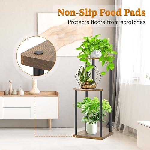 Miniatura 3 de Soporte para plantas de 3 niveles para interiores, soporte de esquina de metal de madera escalonada, soporte para macetas, estante de madera para