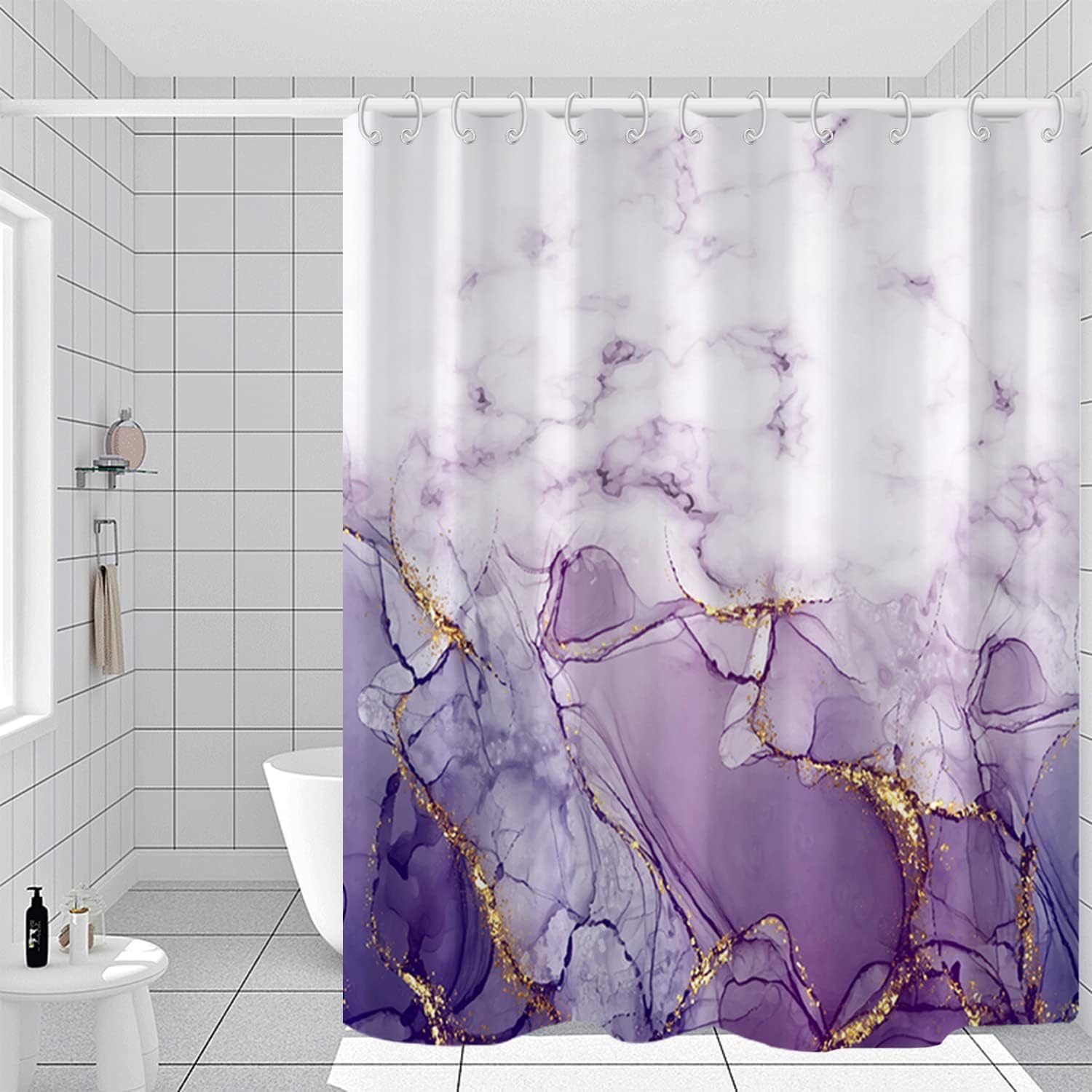 Yizheer 4 Pcs Purple Marble Shower Curtain Set with Gold Glitter, Bathroom Accessories Shower Curtain Bath Mat Rug Toilet Lid Cover,Waterproof Polyester, 72x72 Inches, Luxury Glam Bathroom Decor