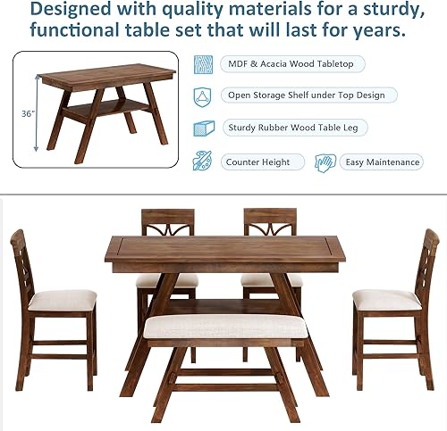 Miniatura 8 de KLMM Moderno juego de mesa de madera maciza de 6 piezas con estante de almacenamiento juego de mesa de cocina con banco y 4 sillas nogal L