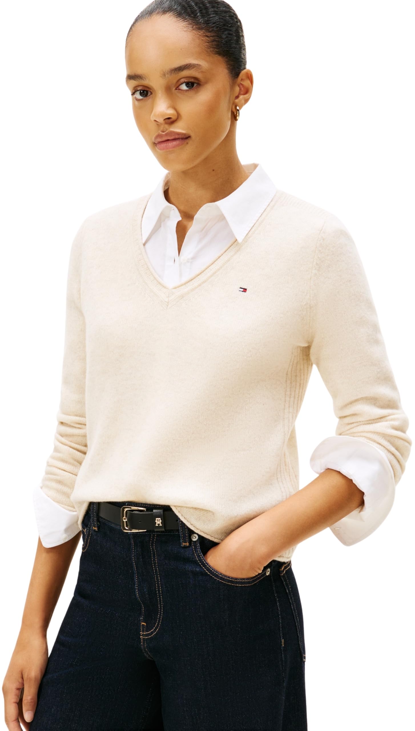 Tommy Hilfiger Women’s Soft Wool V-Neck Jumper, Off-White (Heather Oatmilk), XL