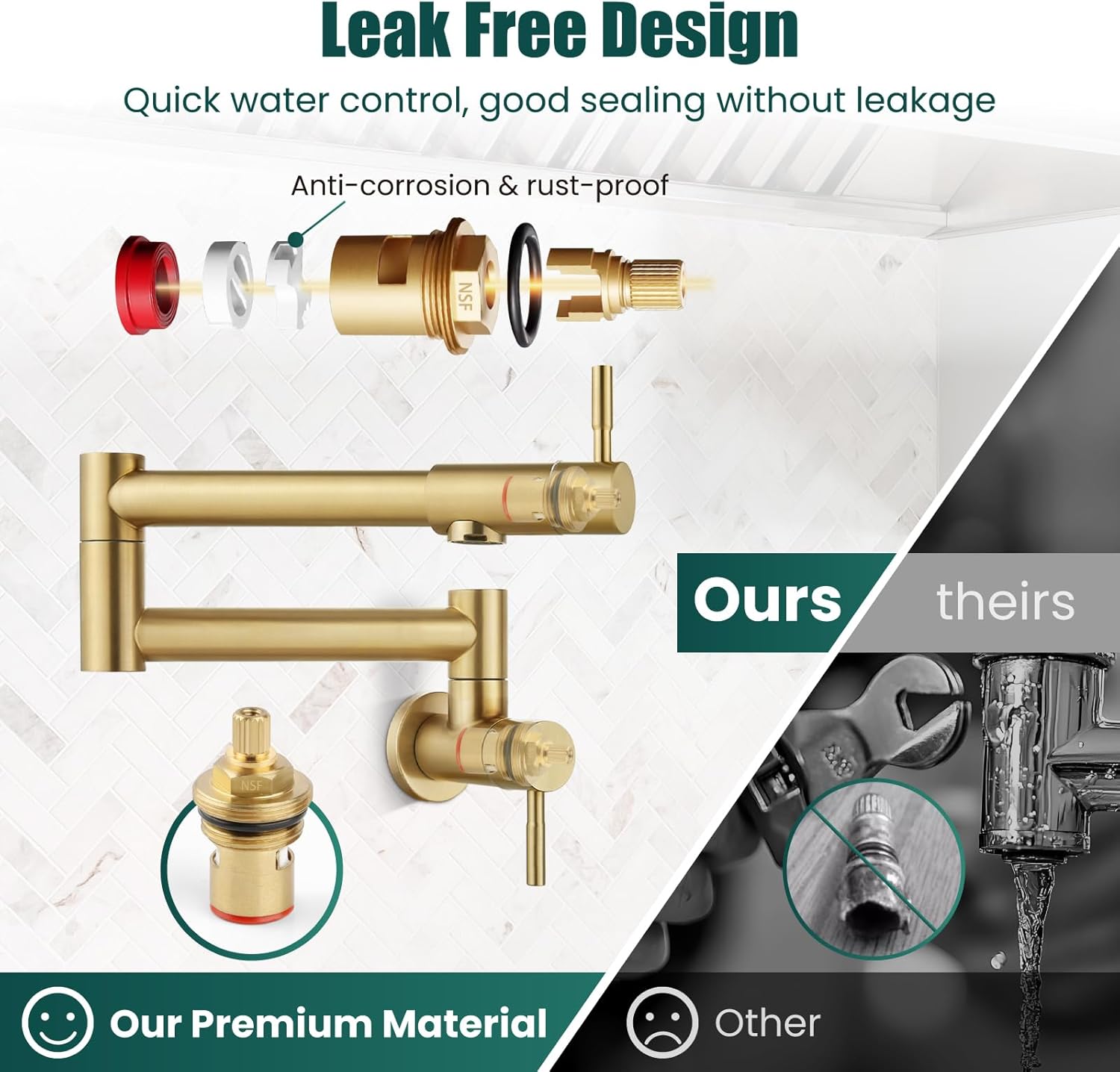 Heyalan Pot Filler 19 Inch Wall Mount Folding Stretchable Kitchen Restaurant Faucet Stainless Steel Pot Filler Double Joint Swing Arm Two Handles Commercial NPT,Straight Handle,Brushed Gold