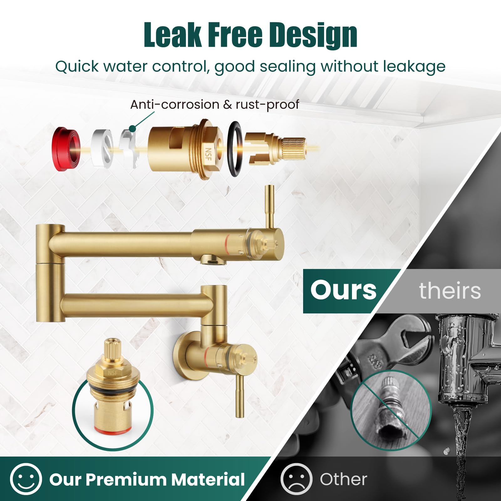 Heyalan - Grifo de llenado de pared abatible de 48 cm, acero inoxidable, brazo articulado, bimando, NPT comercial, asa recta, dorado cepillado