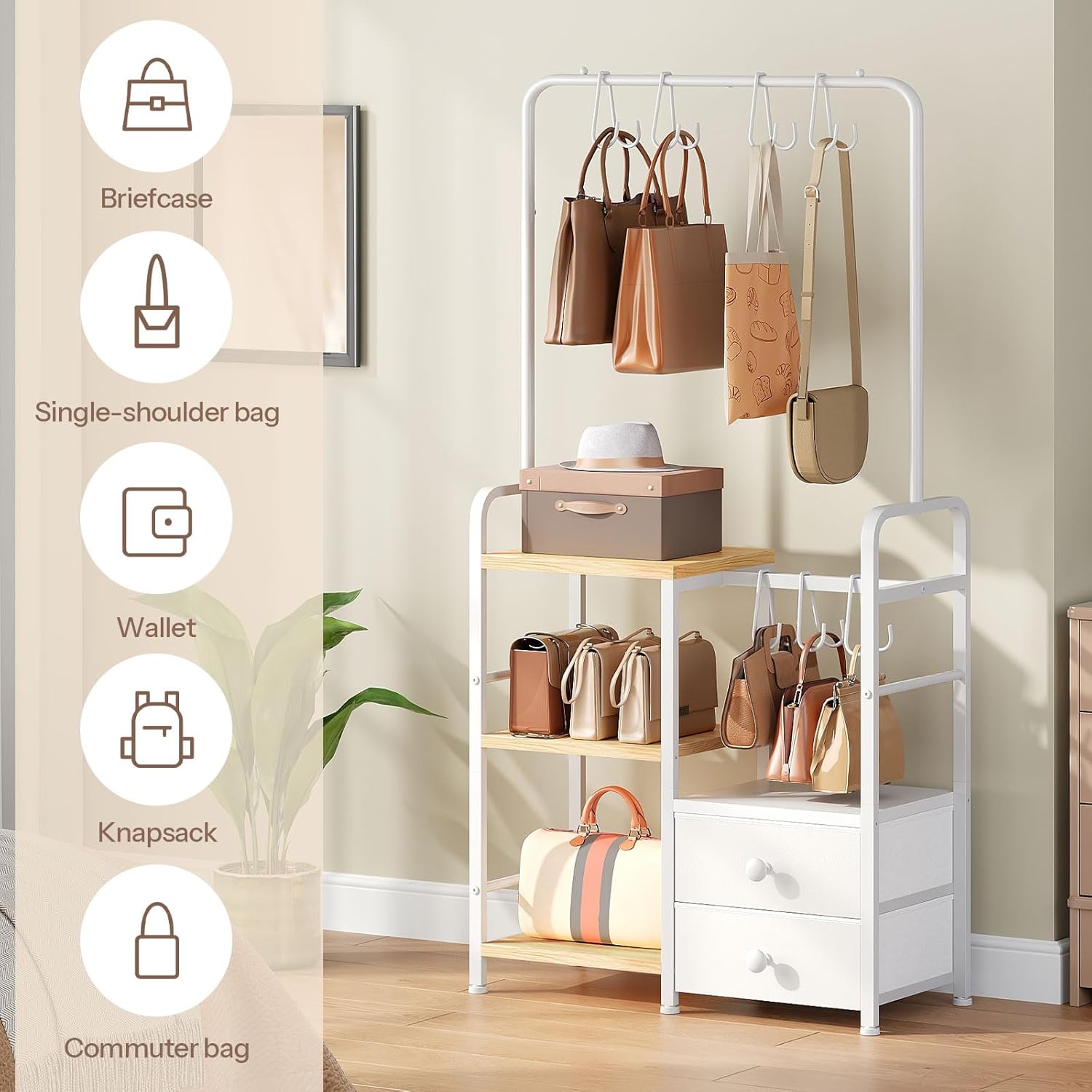 HOOBRO 3-Tier Tall Purse Organizer with Hooks & Drawers, Floor-Standing Purse Rack Stand for Handbag Organizer, Purse Storage Organizer for Closet, Entryway, Bedroom, Natural and White WN98CJ01 - Image 5