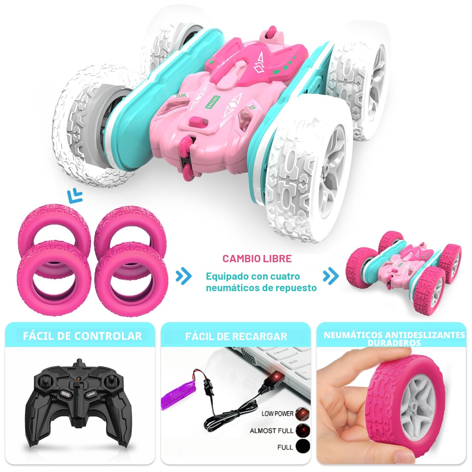 Coche Teledirigido Niños 3 4 5 6 años,4WD 2.4GHz Rosa RC Coche Radiocontrol,Regalo Niña 3-12 Años Juegos Niños 3-10 Años Niños Juegos Exterior Niñas y Niños