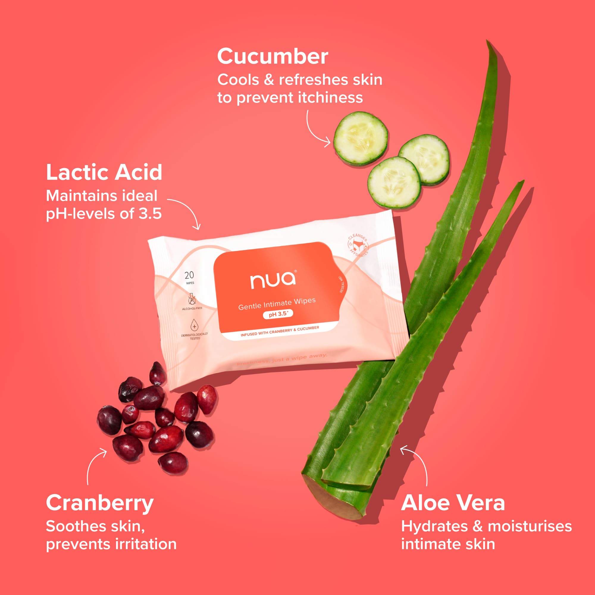 Nua Gentle Intimate Wipes | Infused with Cranberry, Cucumber and Aloe | Alcohol and Artificial-Fragrance Free | 100% Biodegradable 2