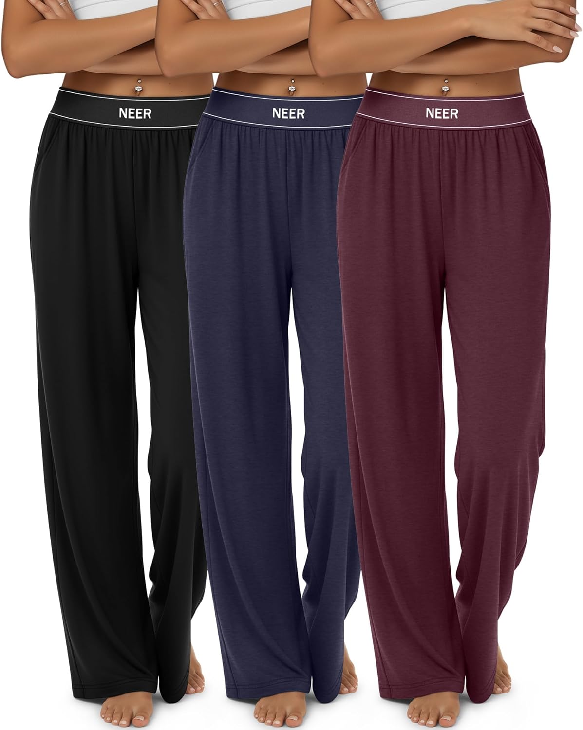 Neer 3 Pack Women's Cotton Lounge Pants High Waisted Wide Leg Yoga Pants Casual Comfy Athletic Loose Sweatpants with Pockets