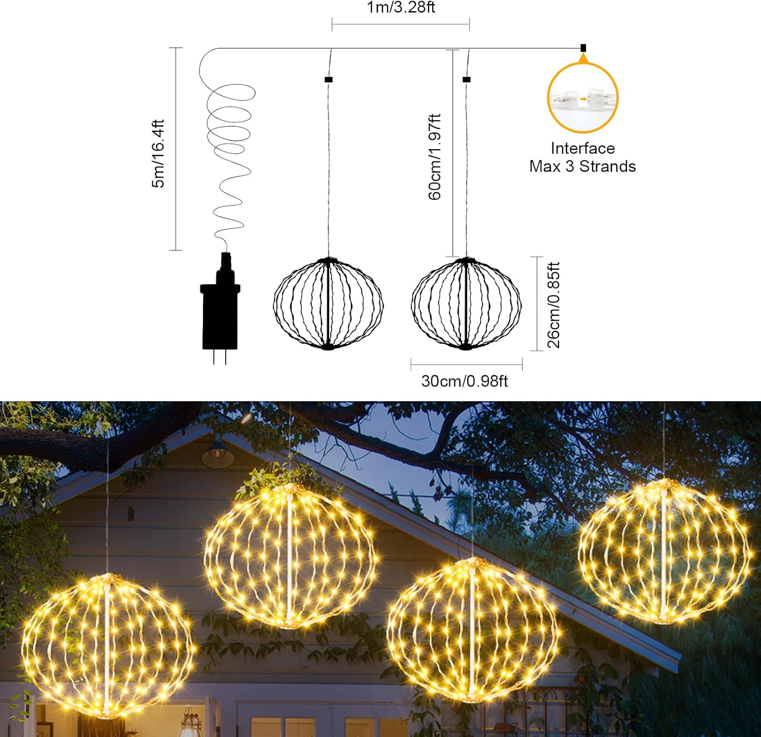 Auting Outdoor Ball String Lights, Hanging Tree Garden Lights - 2 Pack 11.8" Sphere Light with Plug for Party Wedding Yard Garden Porch Patio Decoration(Warm White)