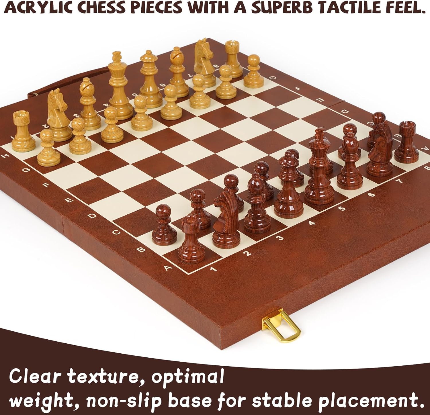 3-in-1 Chess Checkers Backgammon Set – 15" Folding Leather Chess Board with Handle, Acrylic Chess Pieces & Checkers, Travel Board Game Set with Storage & 2 Extra Queens