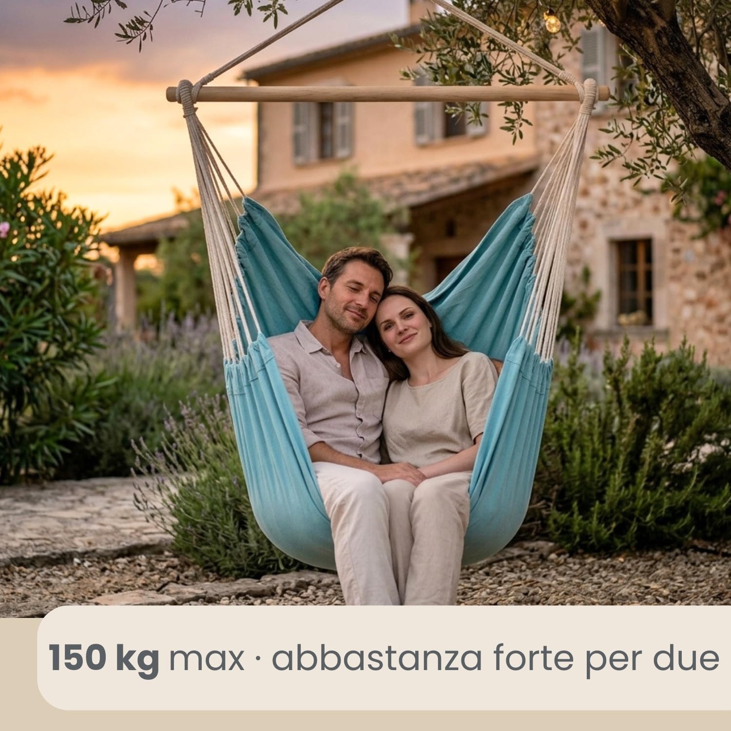 Amaca XXL per Tutta la Famiglia | Dondolo Peso Massimo supportato 150 kg | Sedile sospeso di Tela 190x140cm | Dondolarsi 100% Cotone | Amaca incl. moschettoni | per la Siesta | Blu Mare
