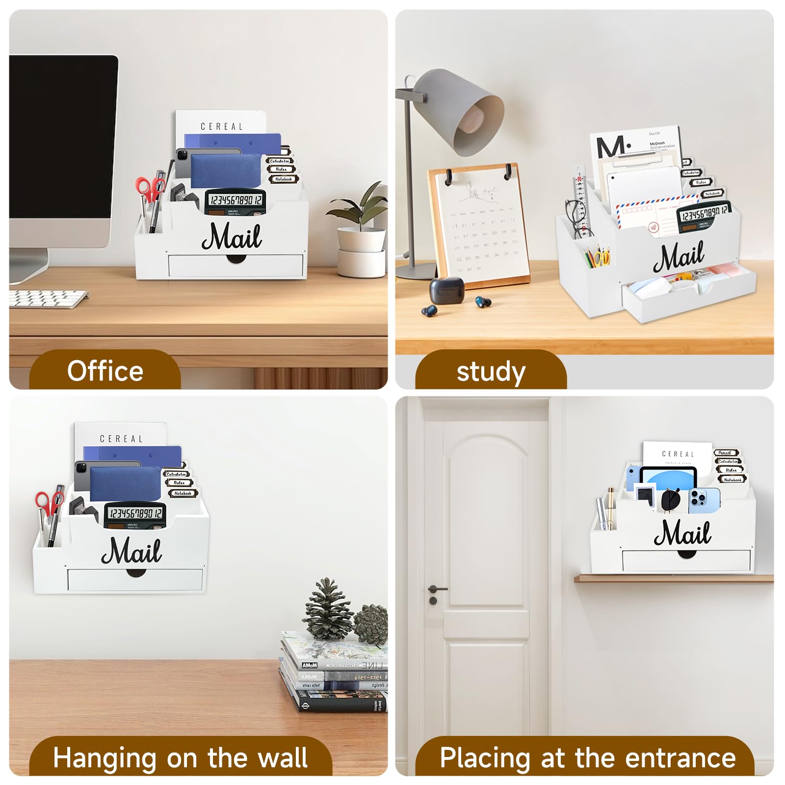 Organizzatore di Posta da Scrivania in Legno con 6 scomparti e cassetto, Organizzatore per Cartelle di Carta e Lettere, Organizer per Cartelle per Scrivania per Lettere Cancelleria, Bianco
