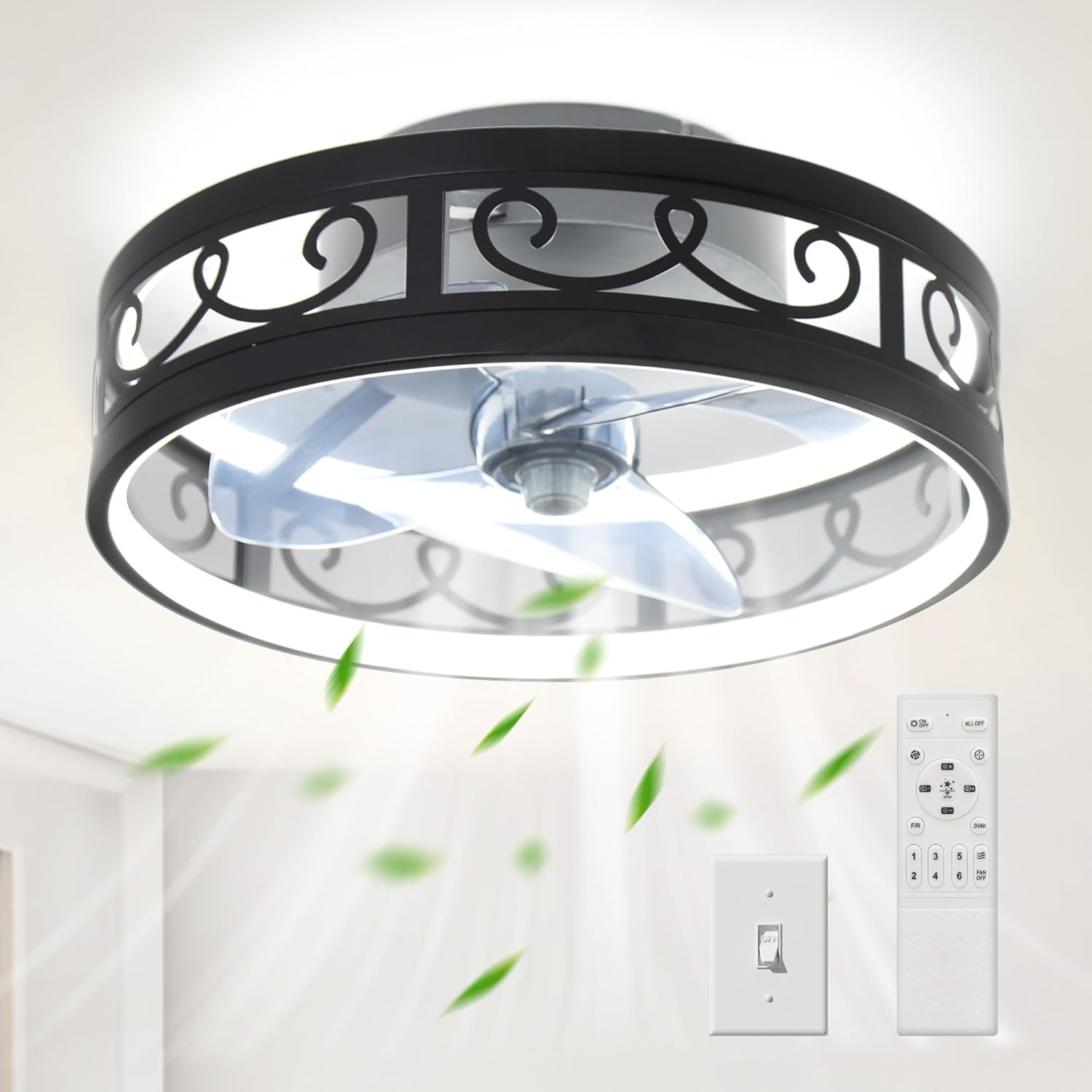 ceiling fans with lights and remote,19.7inch fan lights ceiling fixtures,6 speed dimmable led black caged ceiling fan with light, low profile ceiling fan for bedroom living room dining room
