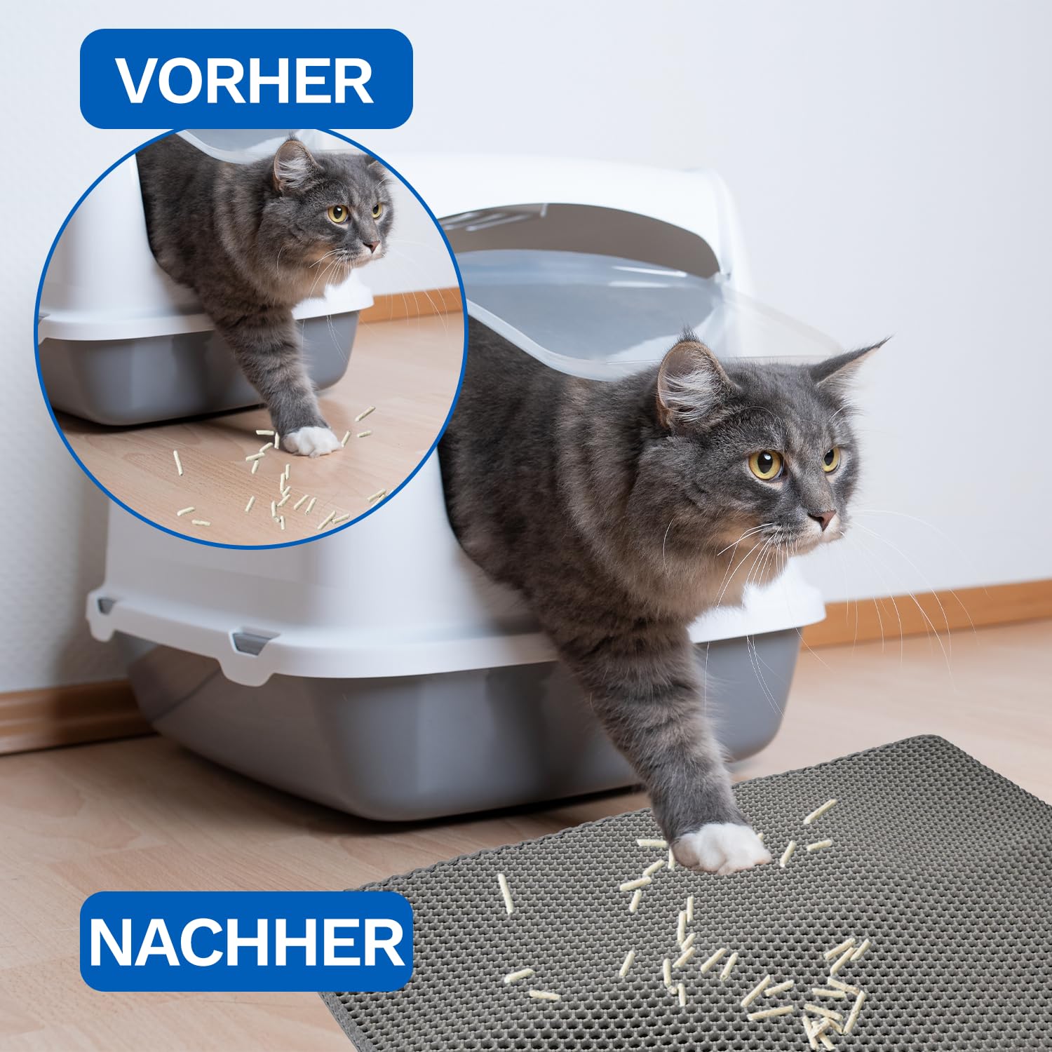 Katzenklo Matte 60 * 90cm, Katzenmatte XXL Katzenklo Katzentoilette Vorleger, Doppelte Schichte Matte Cat Litter Mat, Wasserdicht und Rutschfeste Non-Slip EVA Material Grau