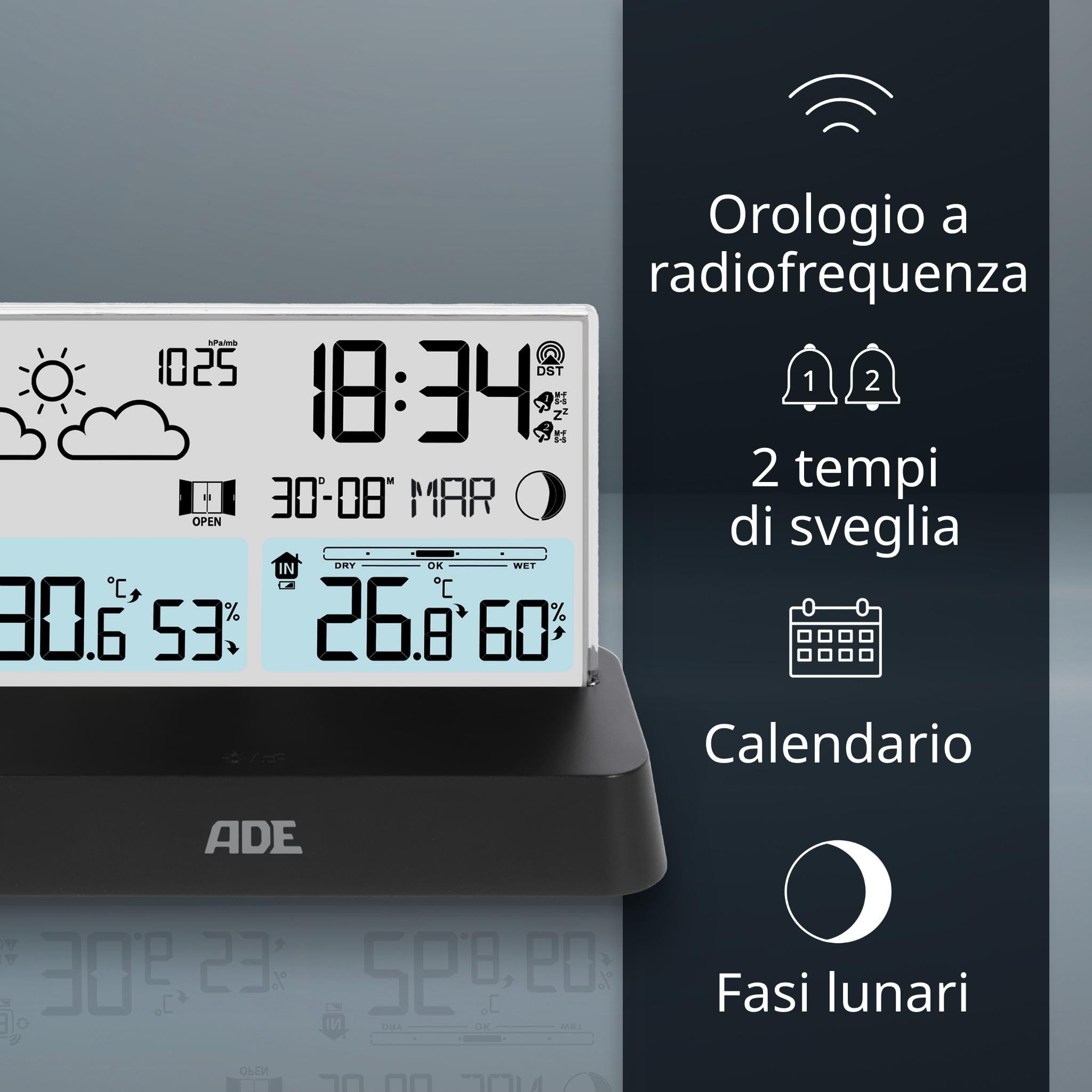 Stazione Meteo ADE Con Sensore Esterno - Termometro Digitale Per Interno/Esterno, Orologio RadioControllato Con Calendario E Giorno Della Settimana | Bianco