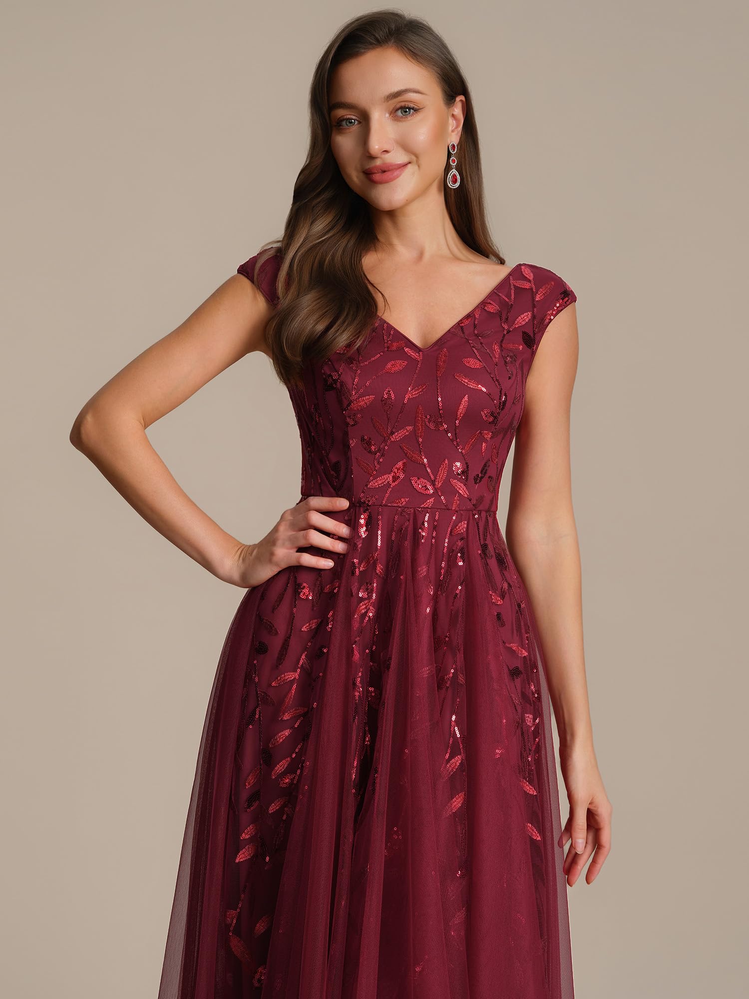 Ever-Pretty Robes d'Invité de Mariage Col en V Manches Courtes Paillette Tulle Midi EG02780